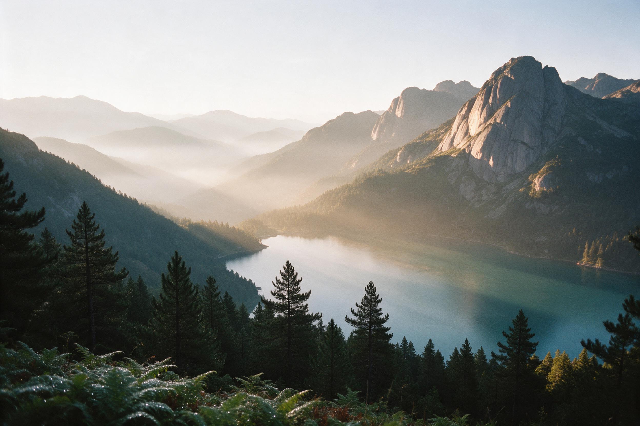A misty mountain valley at dawn, layered ridges fading into soft haze. Warm golden light spills over granite peaks, casting long shadows across a turquoise alpine lake. Pine forest edge with dew-kissed ferns. Shot on medium format film, slight grain, natural color grading, gentle atmospheric perspec