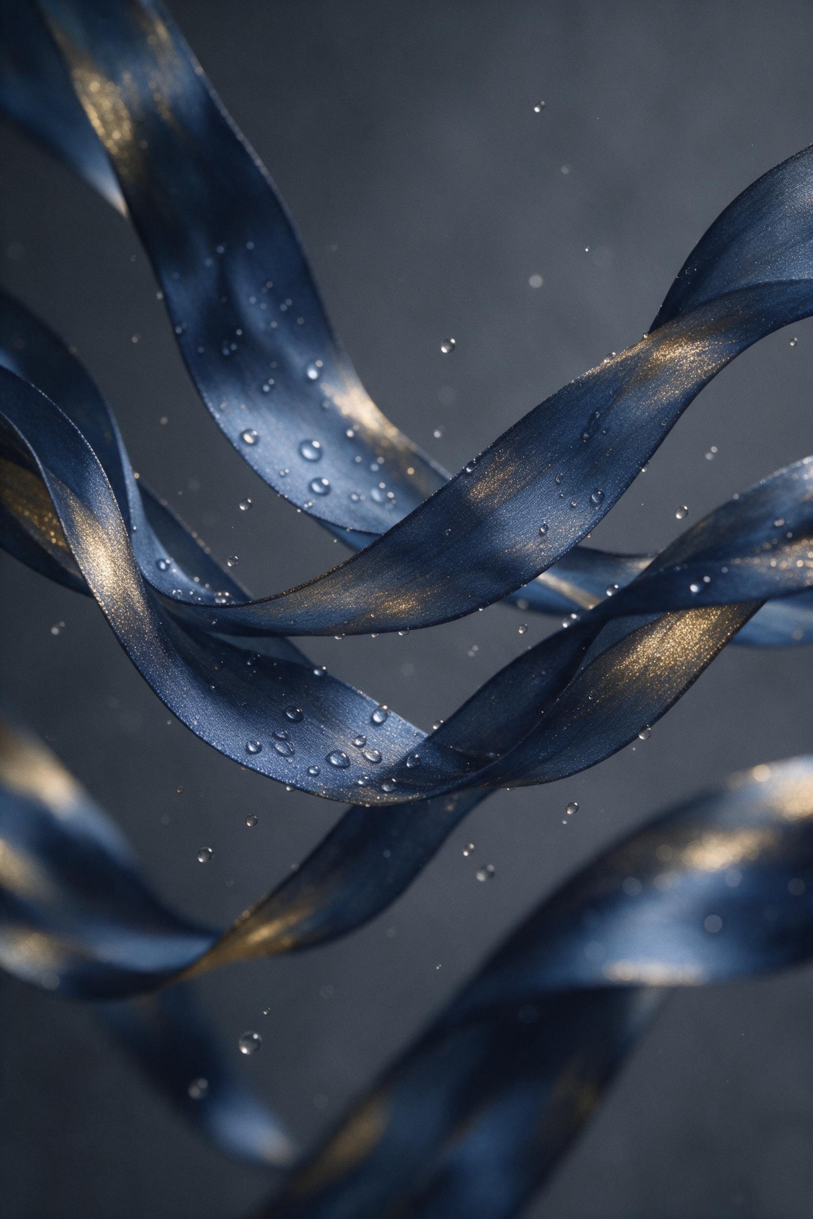 Elegant abstract composition of flowing silk ribbons in deep indigo and shimmering gold, suspended mid-air, with delicate water droplets catching soft morning light. Gentle curves create a sense of motion, set against a muted charcoal background. Soft focus at edges, sharp center, subtle grain for t