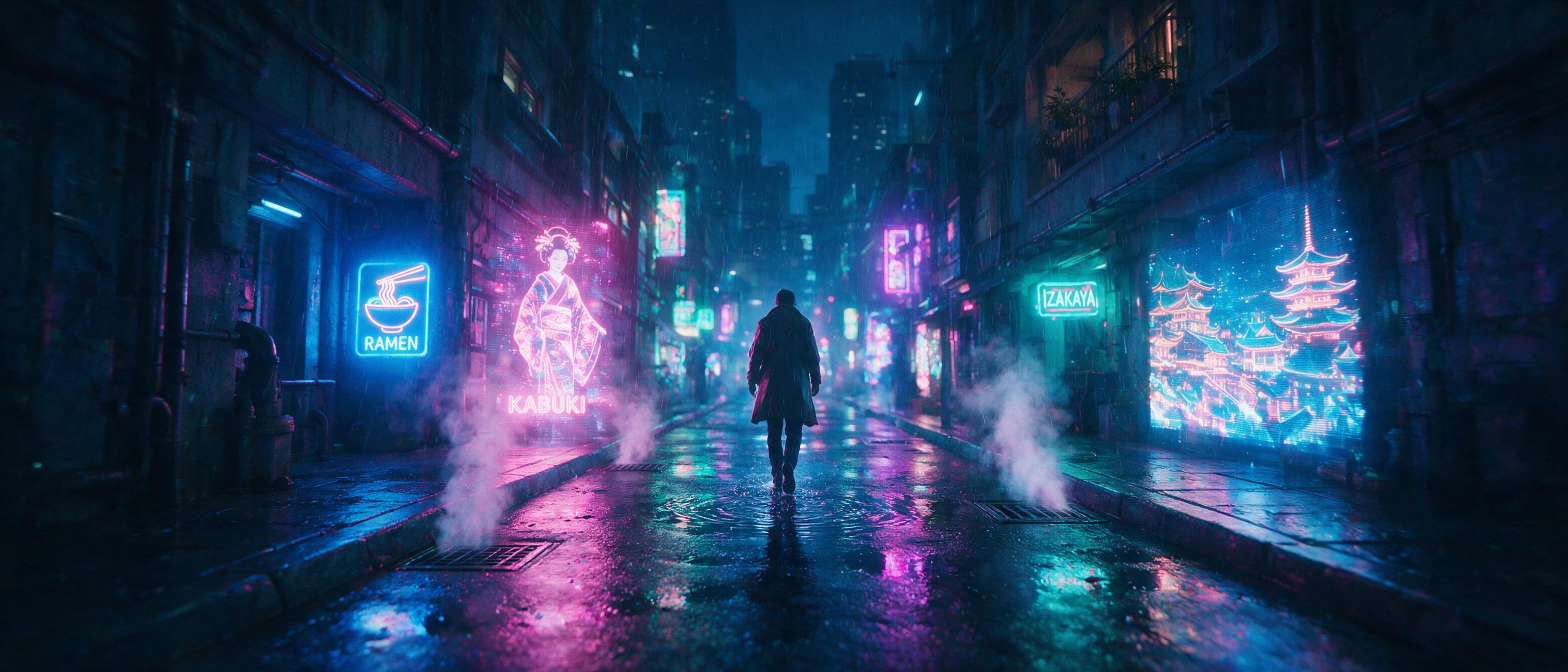 A neon-lit cyberpunk city alley at night, rain-slicked asphalt reflecting holographic signs, a lone figure in a trench coat walking away, steam rising from vents, cinematic blue and pink lighting, slight motion blur, shallow depth of field