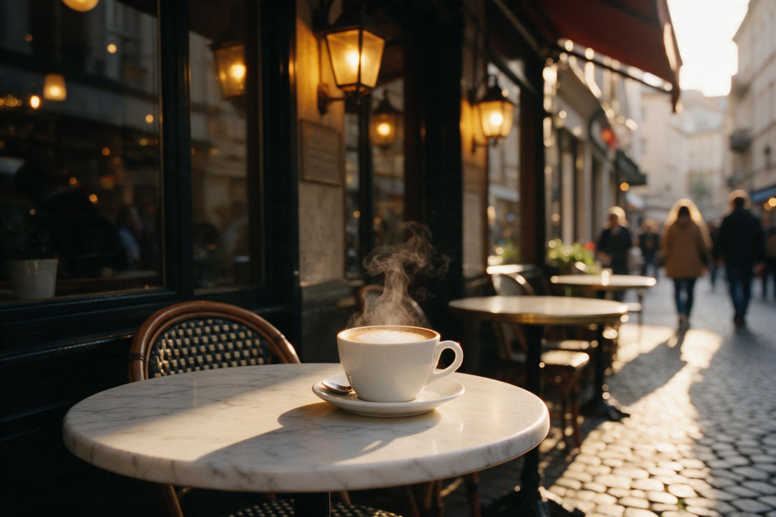 A quiet street cafe corner in a European old town at golden hour, warm lantern light spills onto cobblestones, a steaming cappuccino on a marble table, blurred pedestrians in soft-focus background, shallow depth of field, 35mm film grain, natural window reflections.