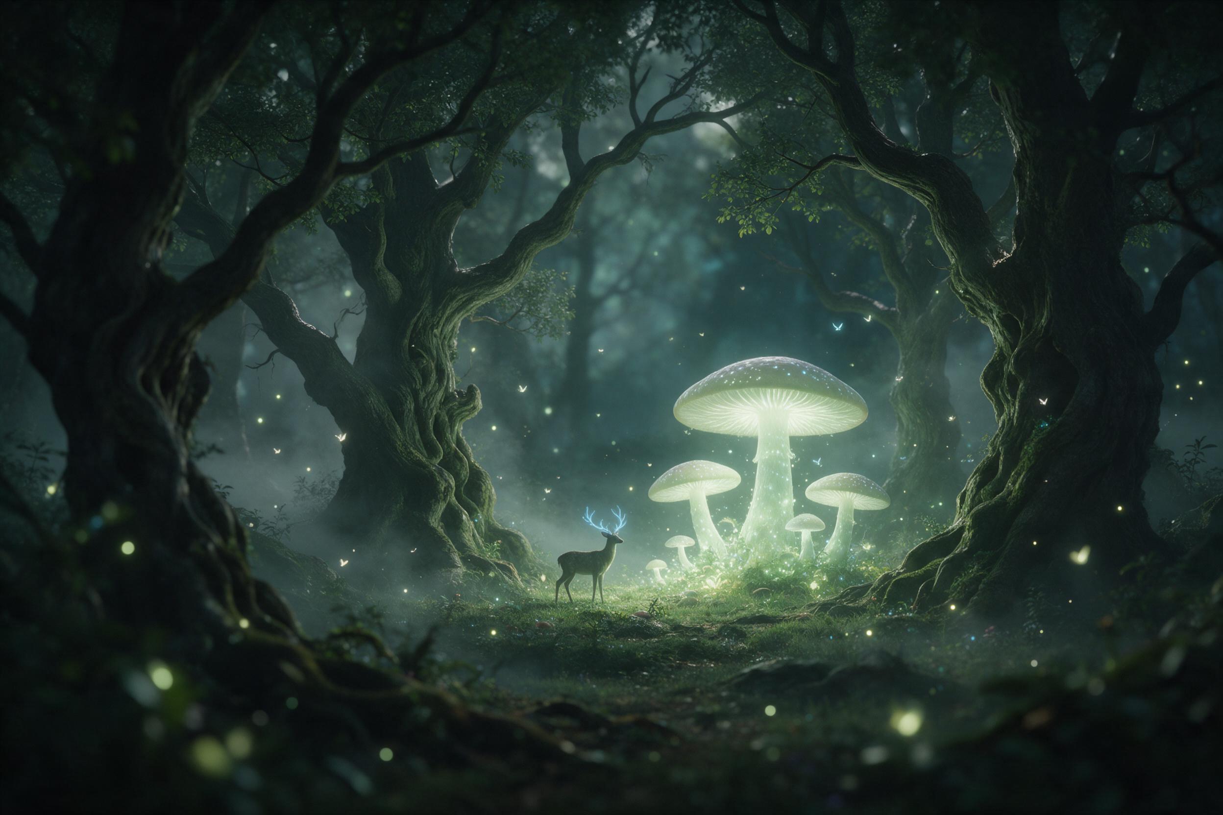 A moonlit bioluminescent forest with giant glowing mushrooms, soft mist weaving between ancient twisted trees, small fairy-like lights drifting, a lone deer with antlers glowing faintly blue, shallow depth of field, ethereal atmosphere, muted green and teal palette.