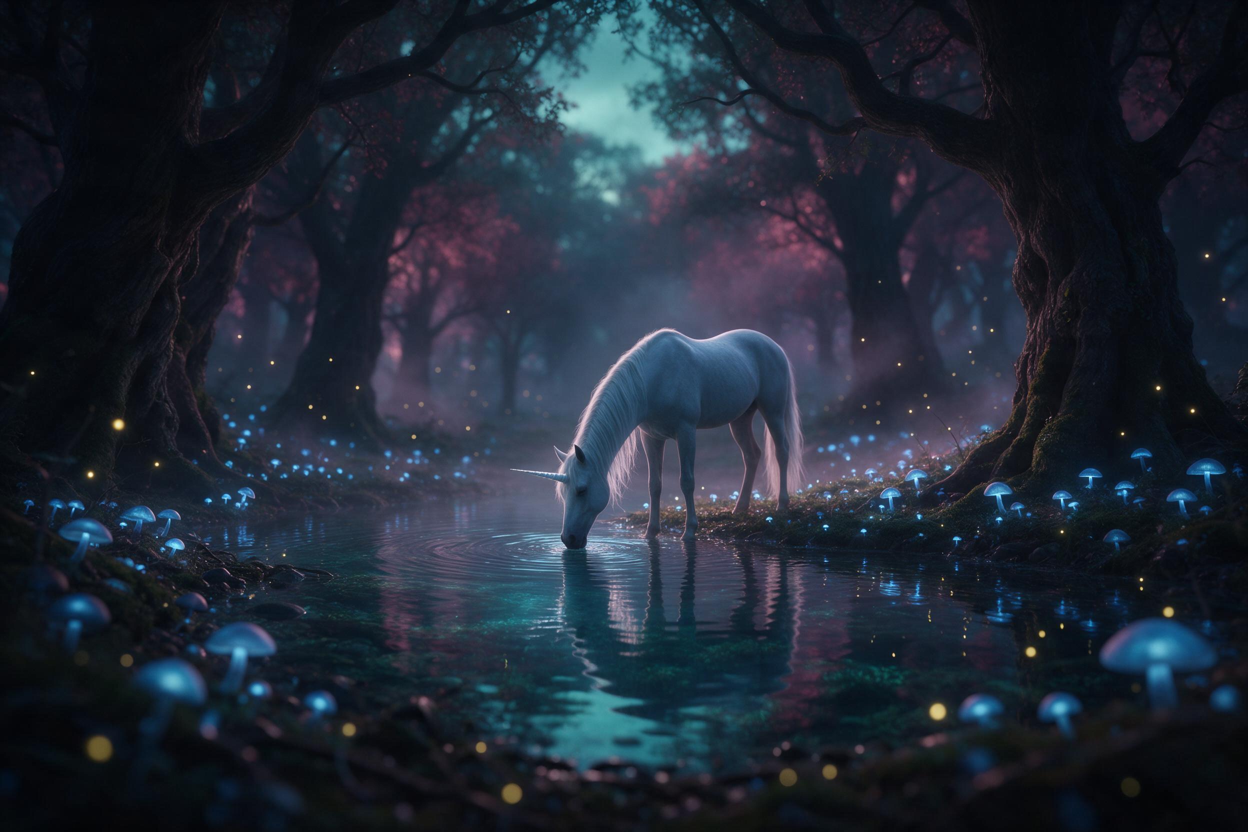 A mystical forest clearing at twilight, ancient glowing blue mushrooms scattered around a crystal-clear pond, a lone unicorn with a silver horn drinking from the water, soft magenta and teal ambient light filtering through misty trees, fireflies dancing in the air, ethereal atmosphere, shallow depth