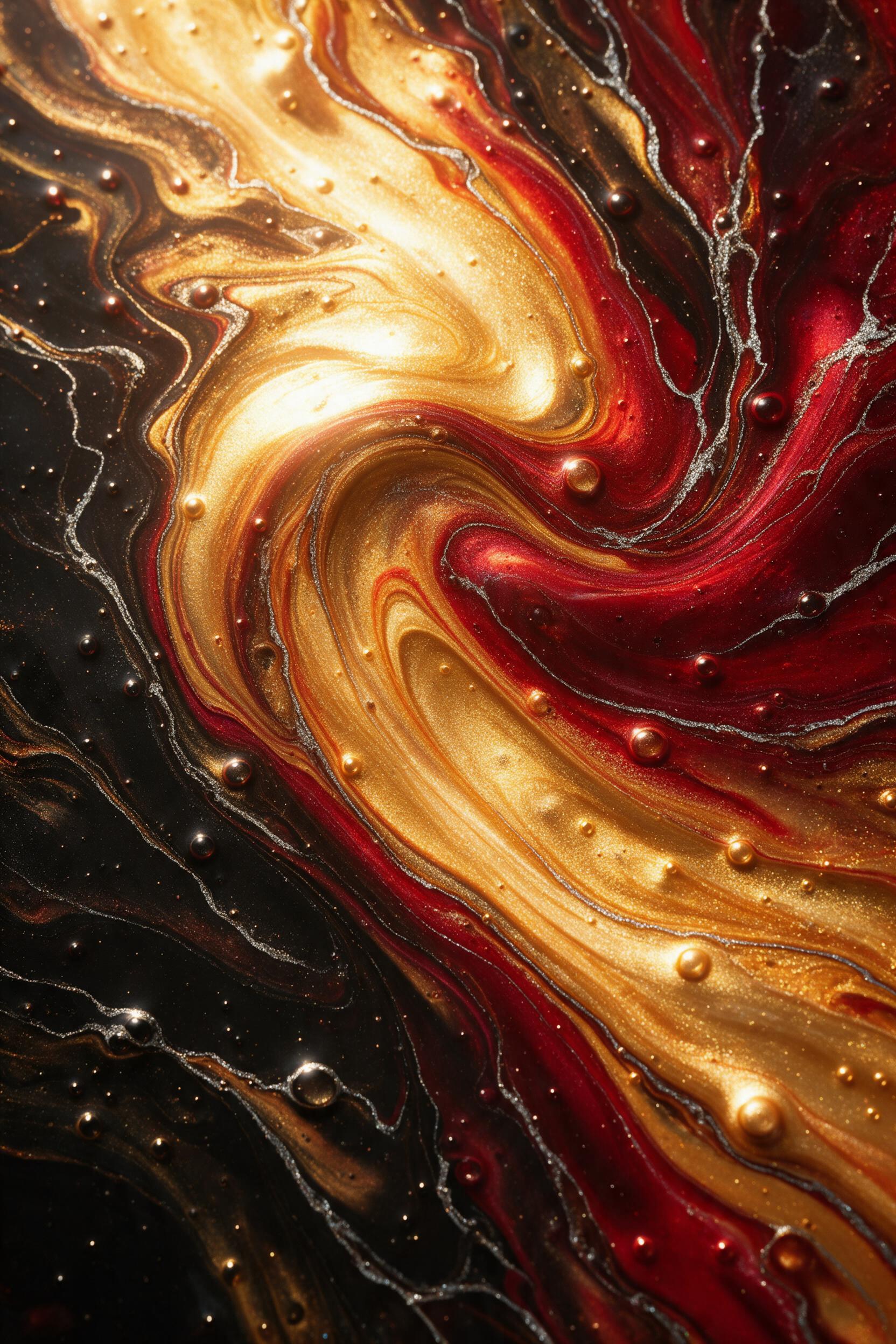 Fluid art of molten gold and deep crimson swirling on a black canvas, with fine silver veins and a soft gradient glow, macro lens capturing the glossy texture and intricate bubble formations, dramatic side lighting