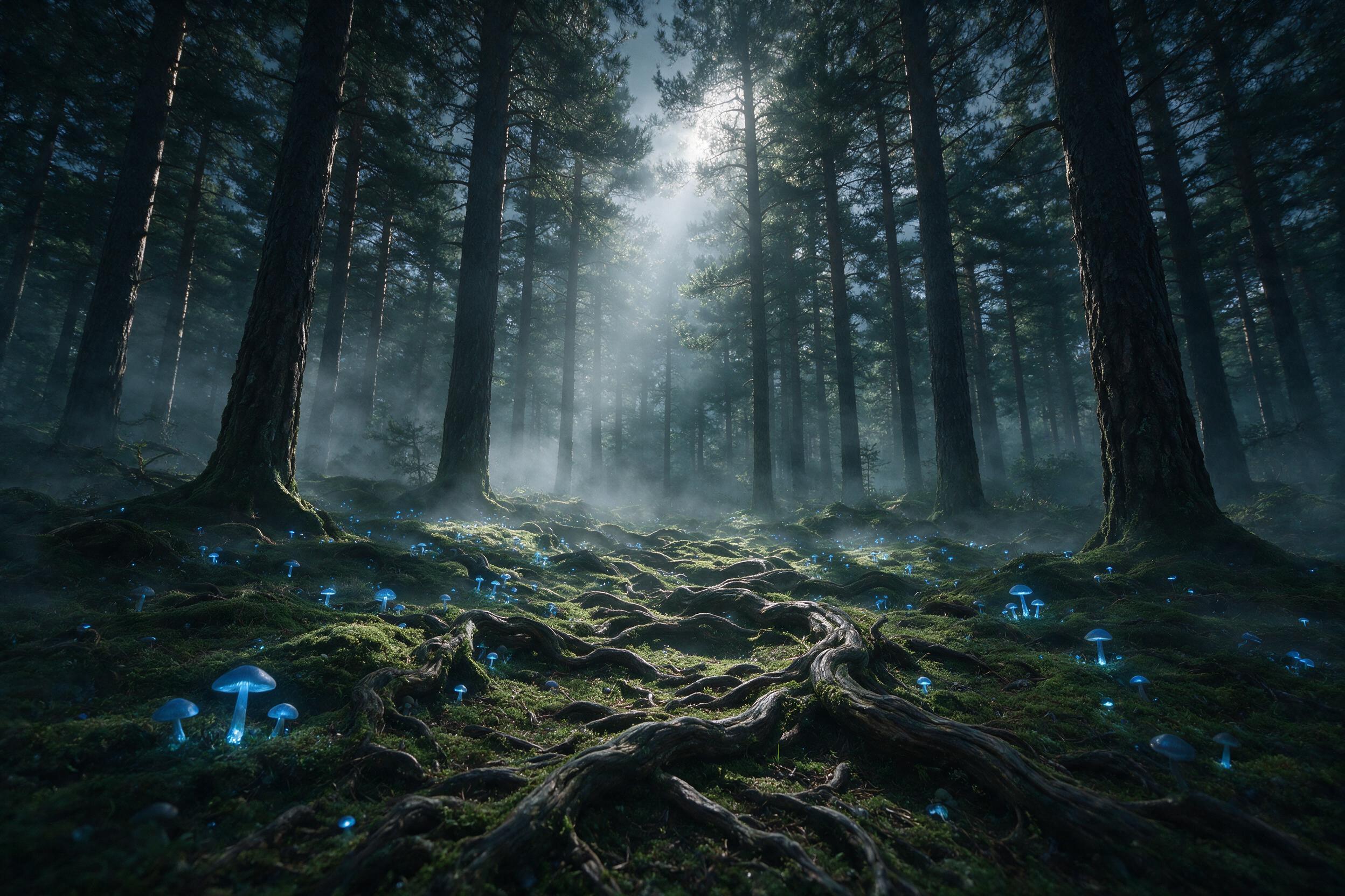 A mystical forest at twilight, glowing blue mushrooms scattered on mossy ground, ancient tree roots twisted like serpentine paths, soft mist weaving through towering pines, a single ethereal beam of moonlight piercing the canopy, painting the scene in silver and viridian, subtle fog clinging to the 