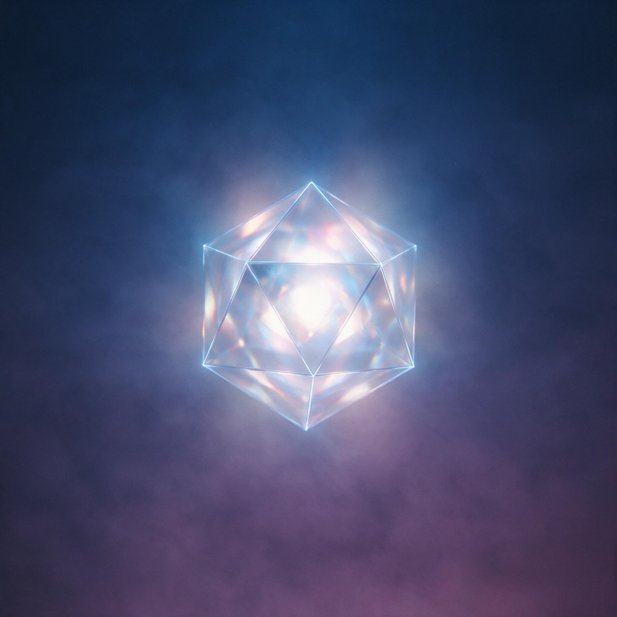 A single, glowing, translucent geometric icosahedron floating in a dark, misty void. Soft, diffused light from within casts faint, colored refractions on the surrounding fog. Minimalist composition, centered, with subtle grain and a slight blue-to-purple gradient.