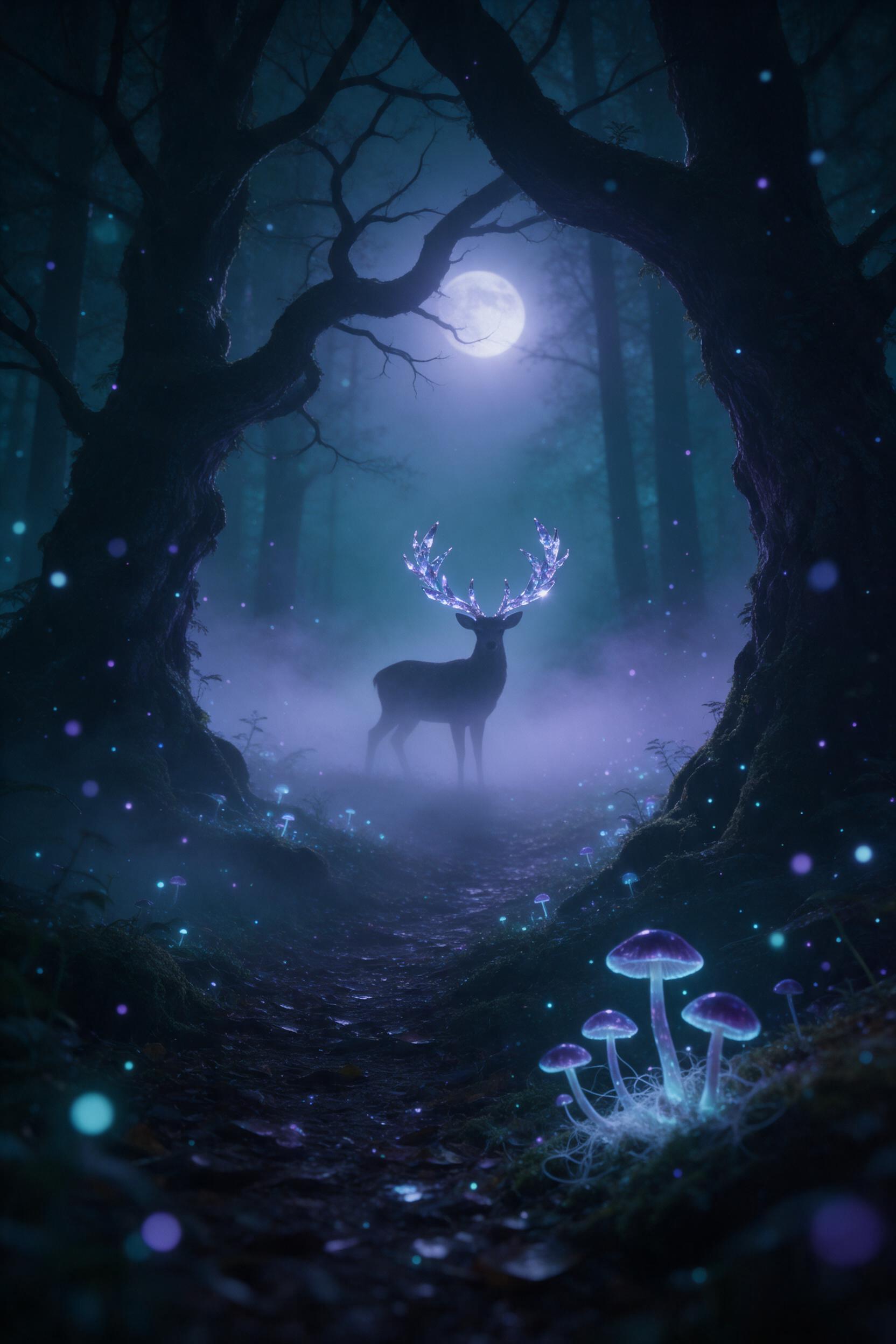 A misty, moonlit forest where bioluminescent mushrooms and floating glowing spores illuminate the path, a silhouette of a deer with antlers made of twisted crystal stands in a clearing, soft fog, deep teal and violet tones, dreamy atmosphere, shallow depth of field.