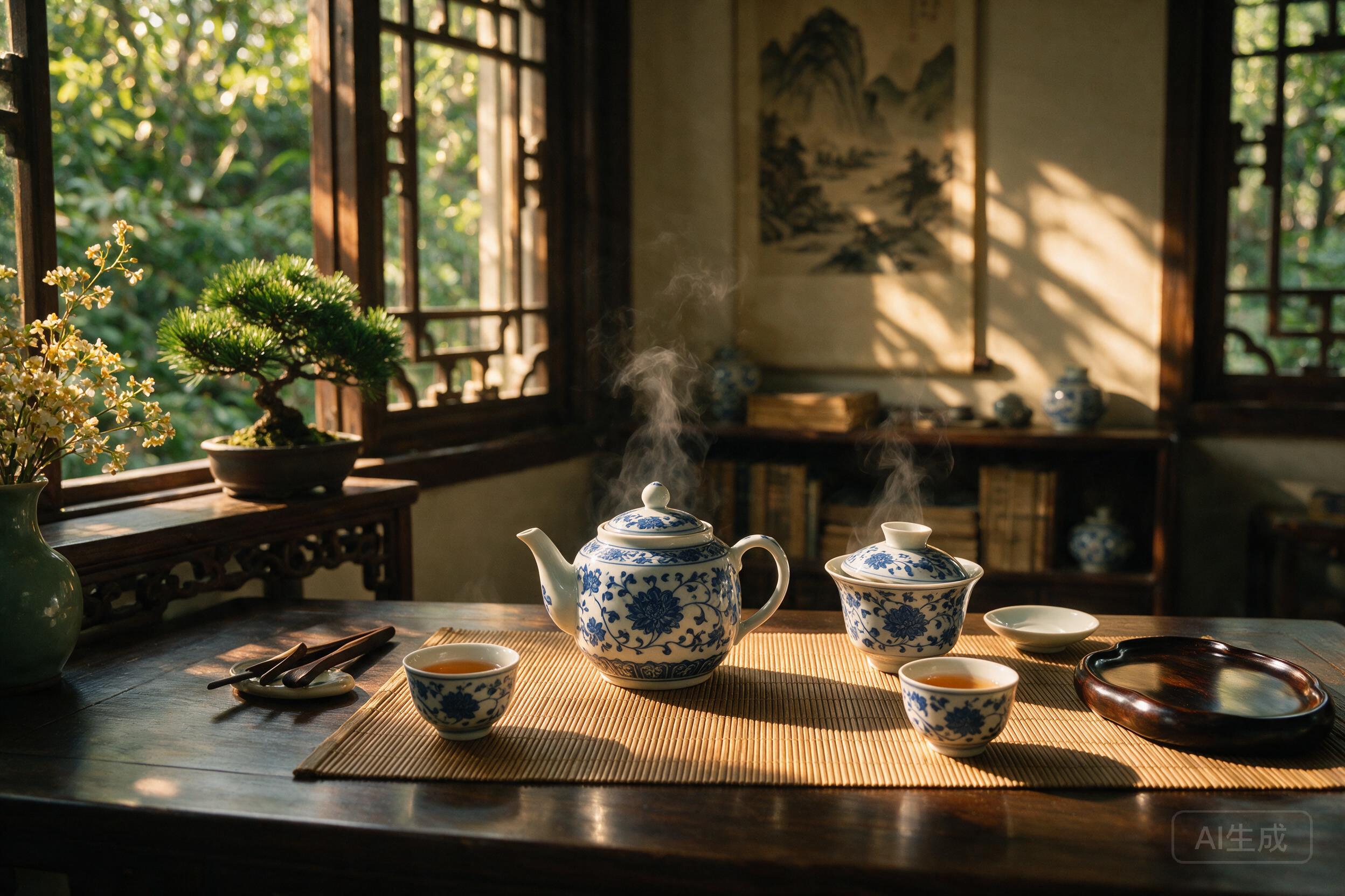 A traditional Chinese tea ceremony, delicate porcelain teaware, steam rising, bamboo mat, warm ambient lighting