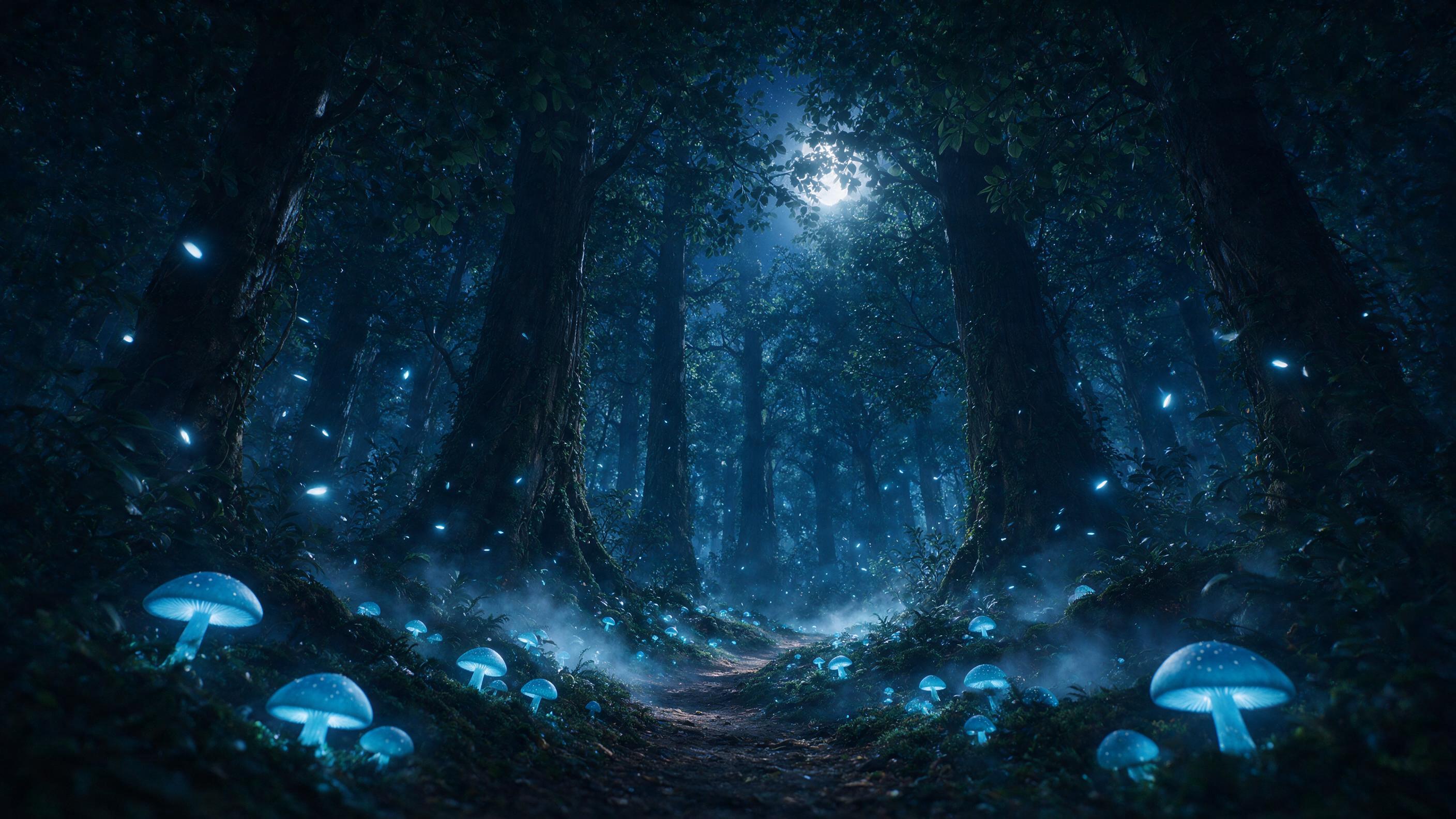 A misty moonlit forest with towering ancient trees, glowing blue mushrooms scattered along a winding path, soft ethereal light filtering through the canopy, slight motion blur from drifting fireflies, glowing mist swirling at ground level, cinematic composition with a low angle looking up at the tre