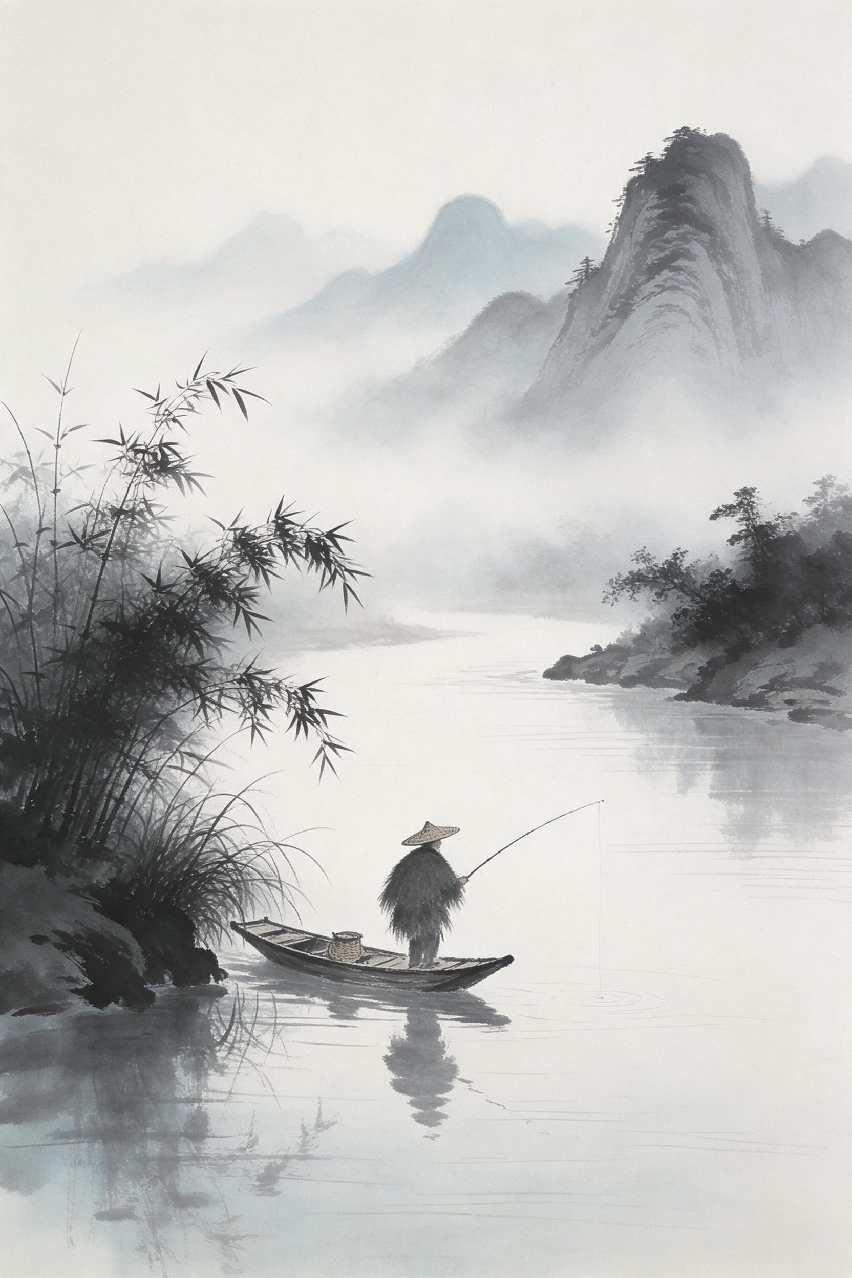 A Chinese ink wash painting of a lone fisherman on a misty river, bamboo hat and raincoat, a simple wooden boat, distant layered mountains fading into fog, water ripples suggest gentle currents, soft grey-black tones with a hint of blue, delicate brushwork, artistically sparse composition, naturally