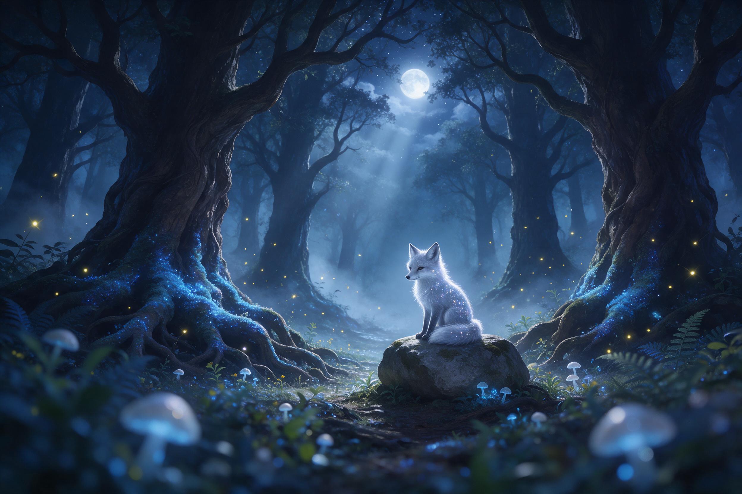 A moonlit forest with ancient, massive trees whose roots glow with bioluminescent blue moss, a small glowing fox with silver fur sitting on a mossy stone, fireflies weaving between misty trails, ethereal light rays piercing the canopy, soft bokeh foreground, magical atmosphere, painted in rich, deta