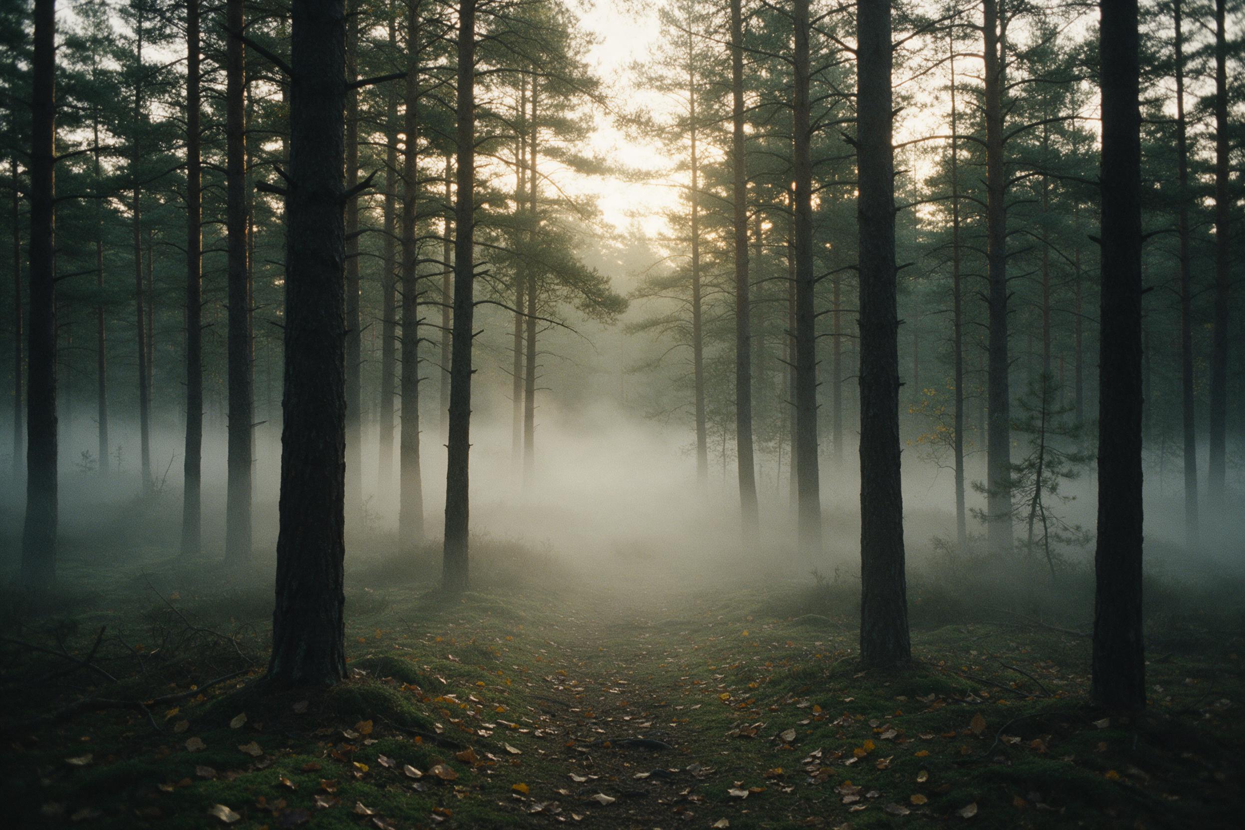 Misty pine forest at dawn, low fog rolling between dark trunks, soft golden light breaking through canopy, fallen leaves scattered on mossy ground, a narrow dirt path vanishing into haze, muted green and amber palette, natural grain, slight atmospheric perspective