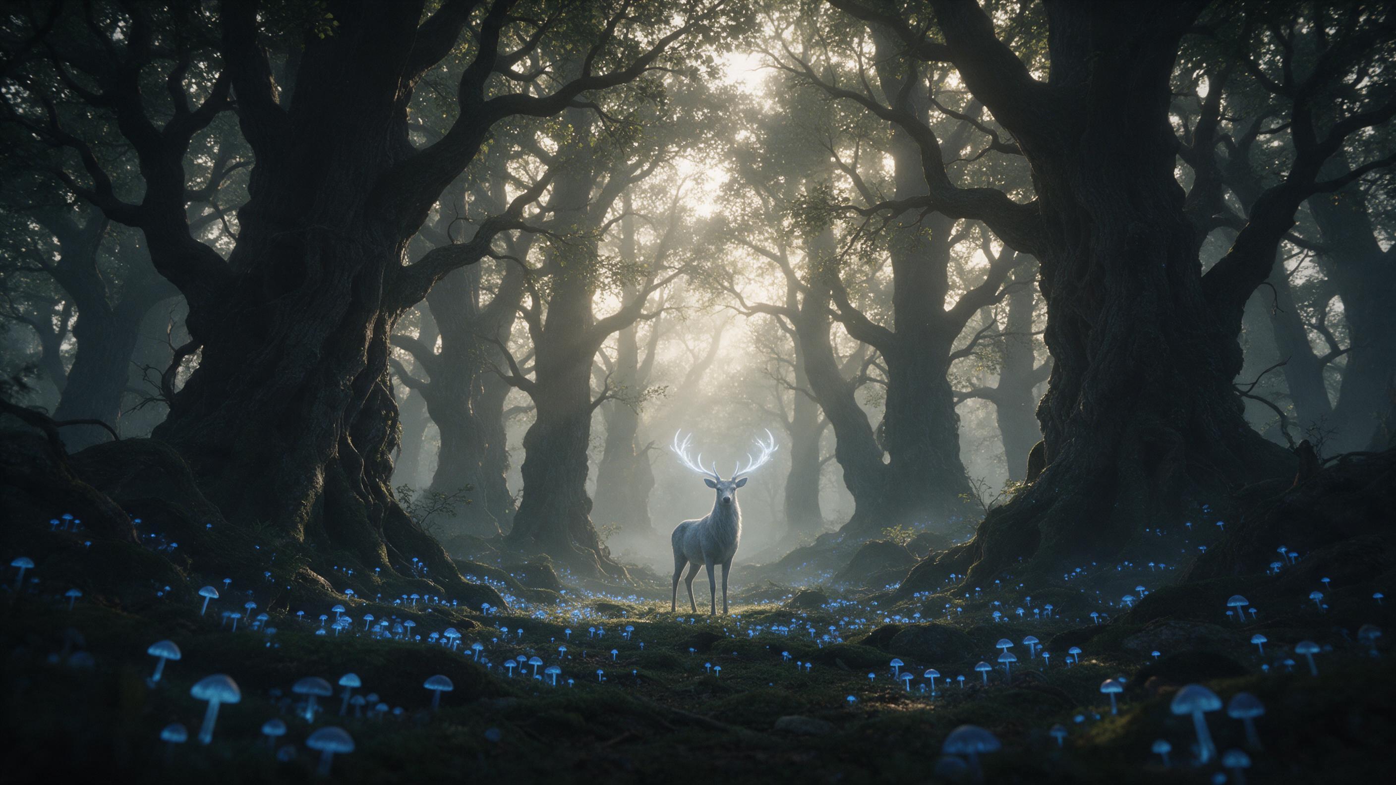 Misty ancient forest clearing at dawn, glowing blue mushrooms carpet the mossy ground, a silver-white stag with luminous antlers stands still among towering gnarled trees, soft rays of golden light pierce the canopy, ethereal atmosphere, subtle fog, muted colors, cinematic depth of field