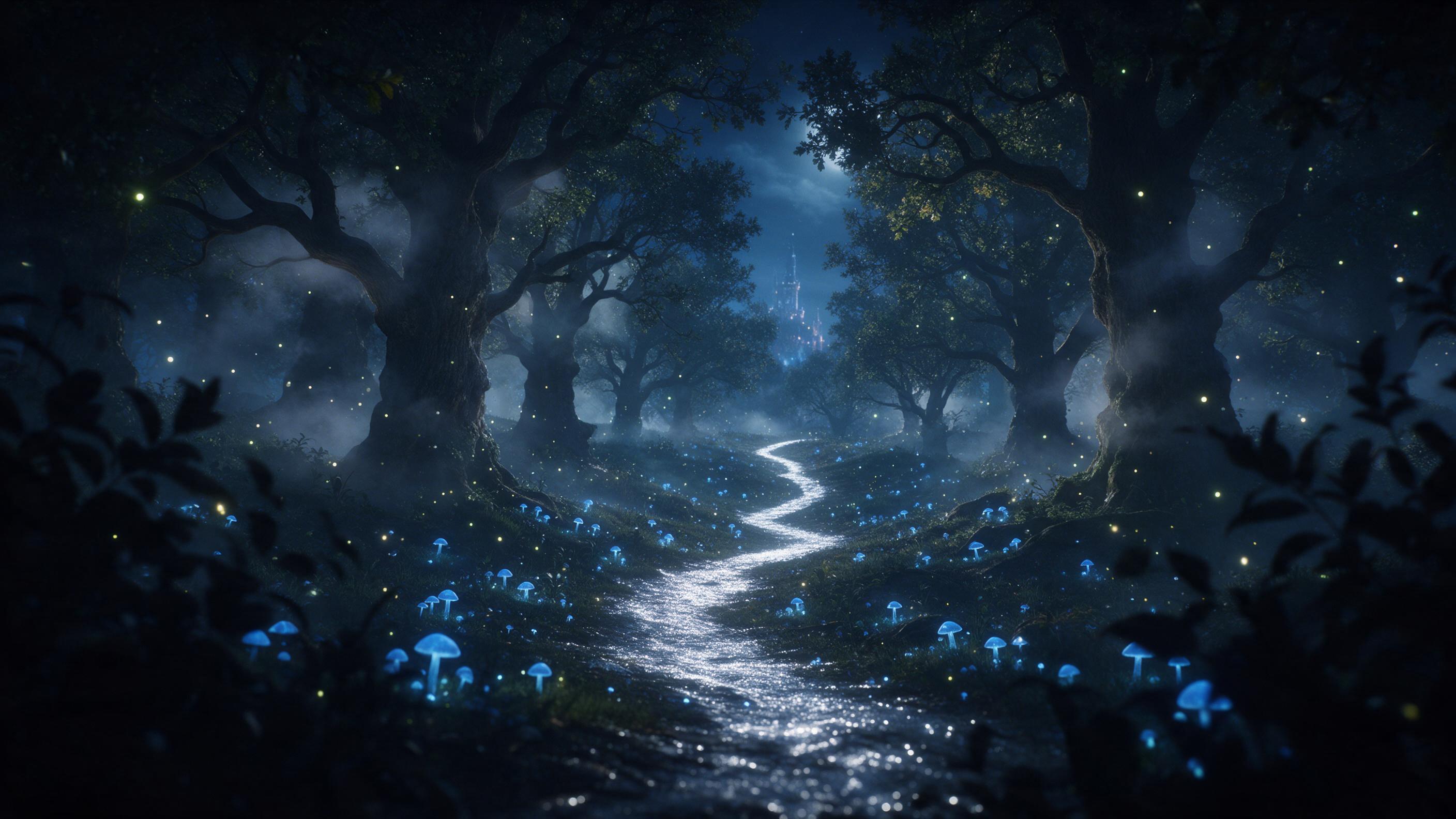 A moonlit enchanted forest with glowing blue mushrooms, a winding path of silver light, mist curling around ancient oak trees, fireflies dancing in the air, soft ethereal glow, dreamy atmosphere, cinematic composition with foreground silhouettes and distant shimmering castle tower, natural color pal