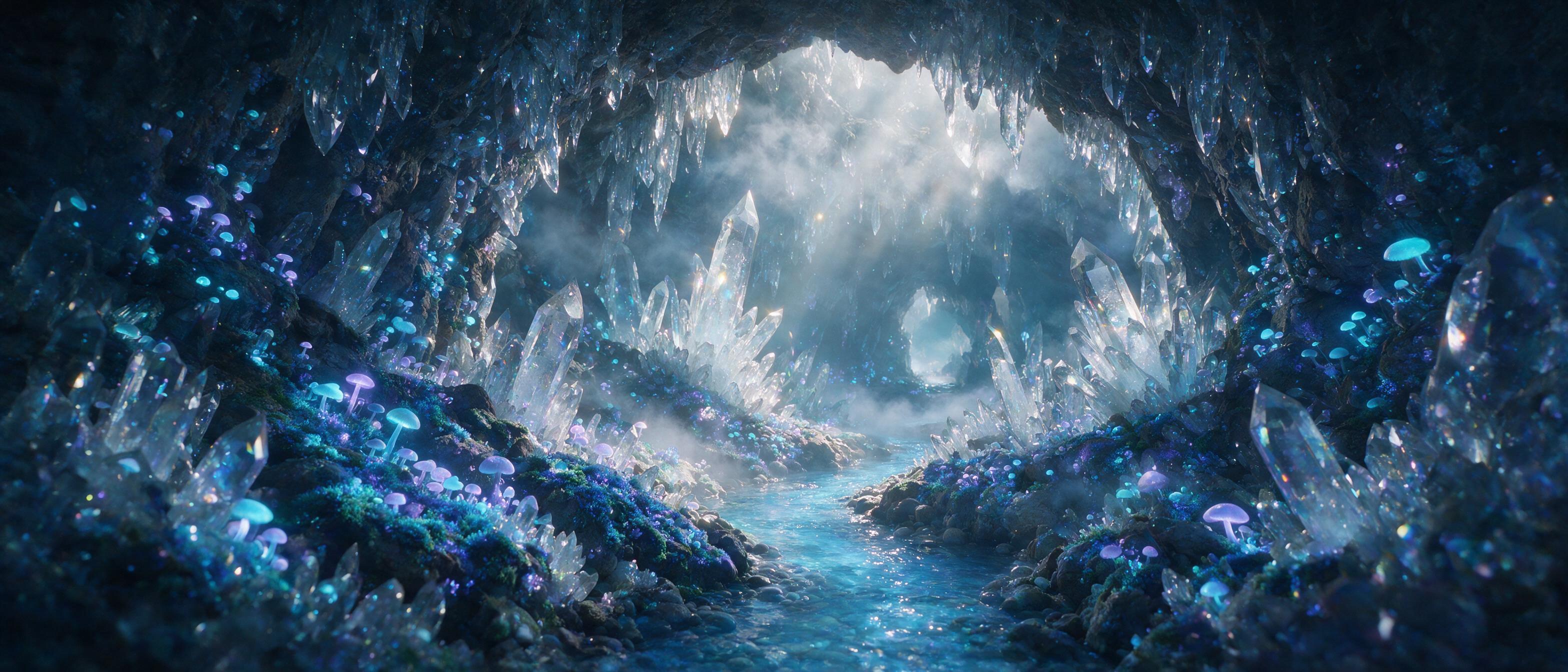 A luminous crystal cave deep underground, bioluminescent fungi and moss casting soft blue and purple light on jagged quartz formations, a small glowing stream winding through the cavern, misty atmosphere, cinematic composition with leading lines into the distance, natural light rays piercing through