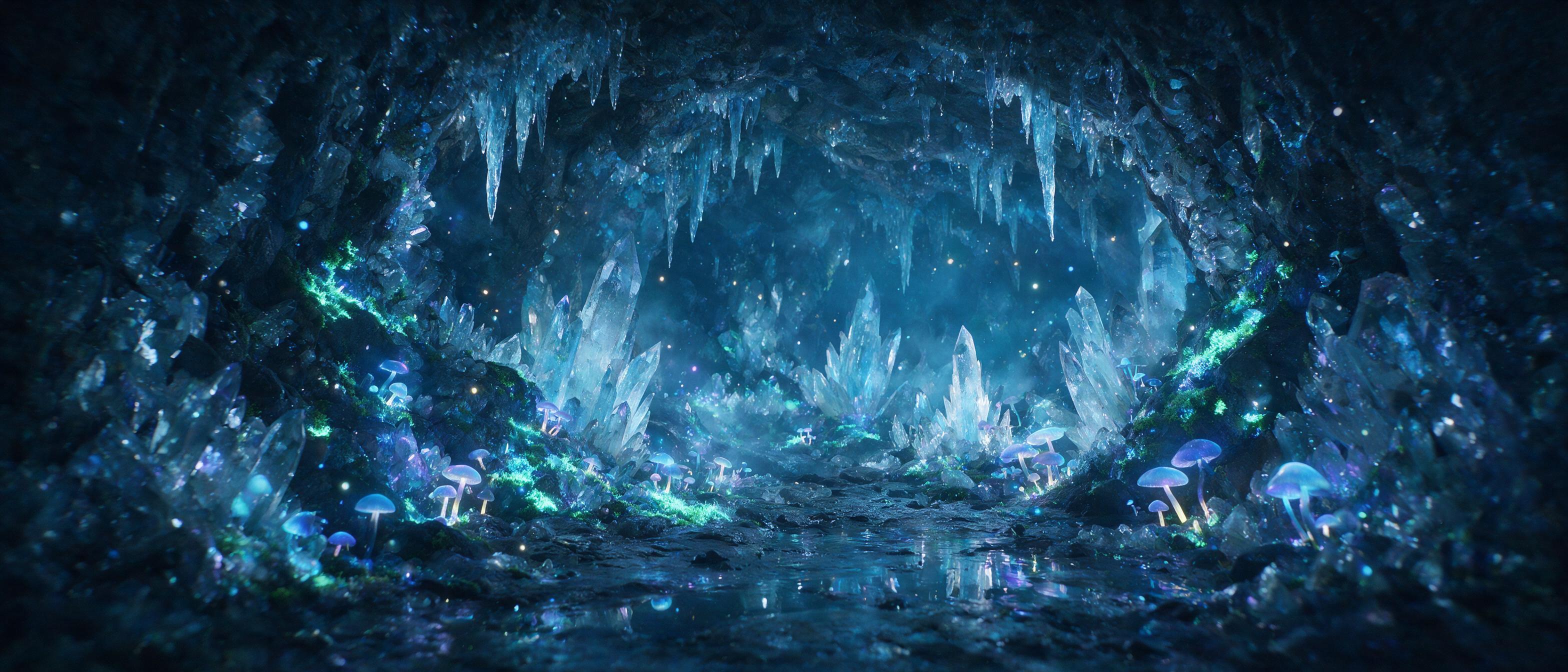A glowing crystal cave deep underground, bioluminescent moss and mushrooms casting soft blue and purple light onto jagged quartz formations, small floating orbs of light, damp rocky floor with shallow reflective pools, misty atmosphere, slight camera shake, natural lighting from bioluminescence, cin