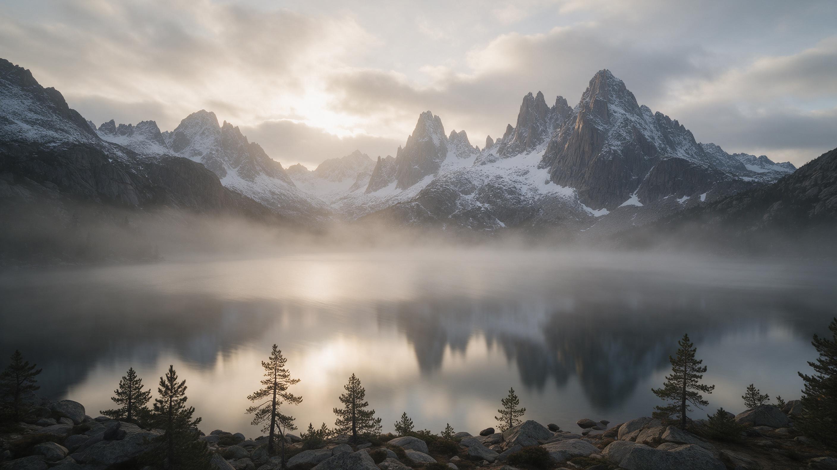 Misty alpine lake at dawn, glassy water reflecting jagged granite peaks with fresh snow, sparse pine trees lining rocky shore, soft golden sunlight breaking through low clouds, long exposure smooth water surface, muted color palette, atmospheric perspective, no people or structures