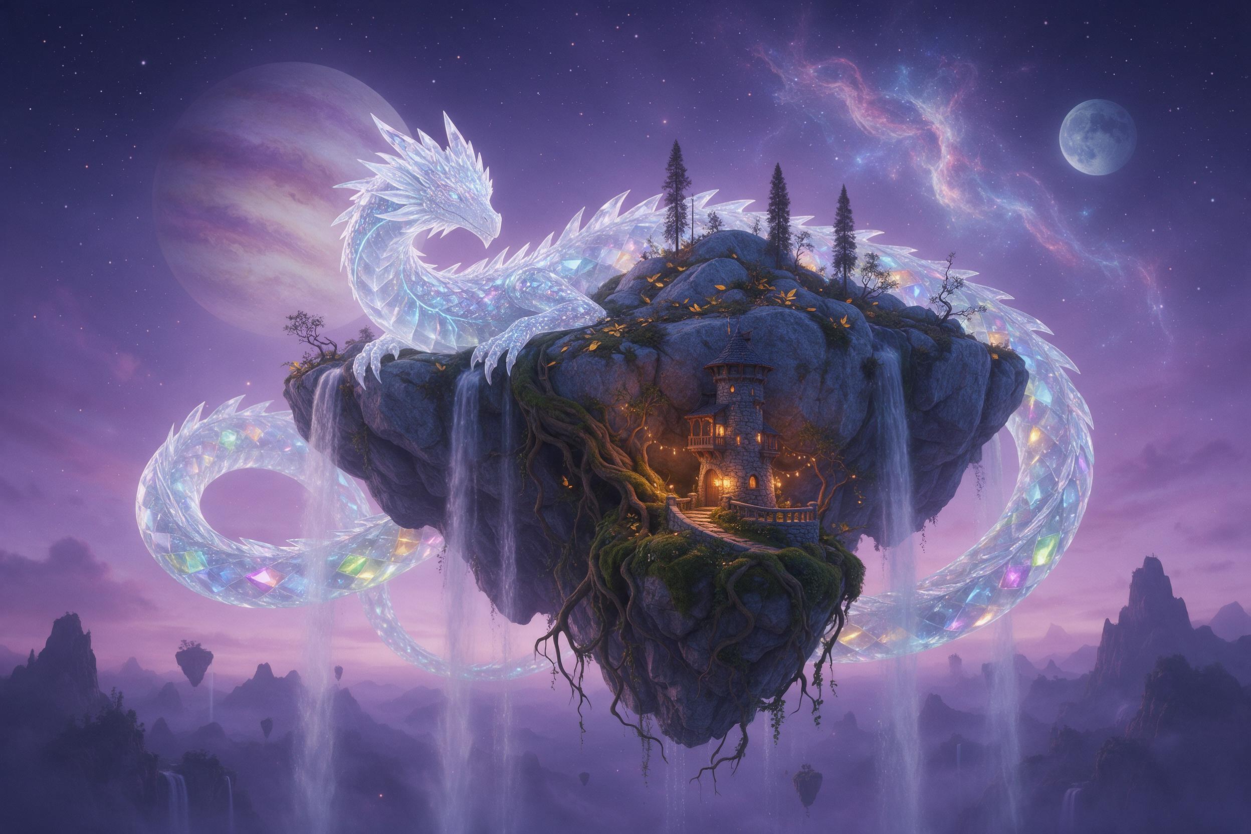 A glowing crystal dragon curled around a floating island, its scales refracting faint prismatic light; misty waterfalls cascade into a twilight void below, with two moons and a wispy nebula in the deep purple sky; warm lantern-light spills from a tiny stone tower perched on mossy roots; wide-angle c