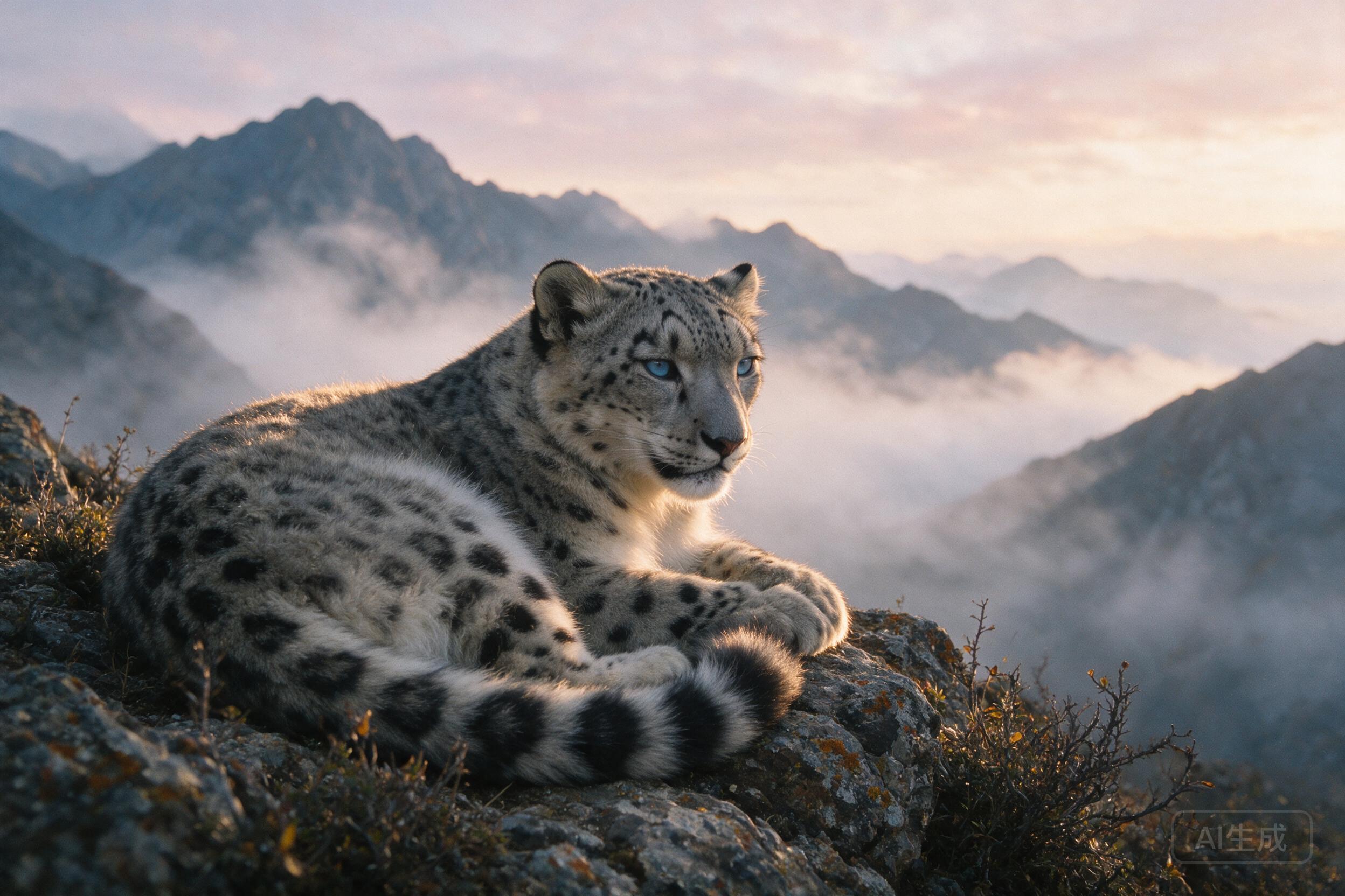 A close-up of a majestic snow leopard resting on a rocky outcrop at dawn, soft golden light illuminating its fur, misty mountain valley in the background, shallow depth of field, natural grain