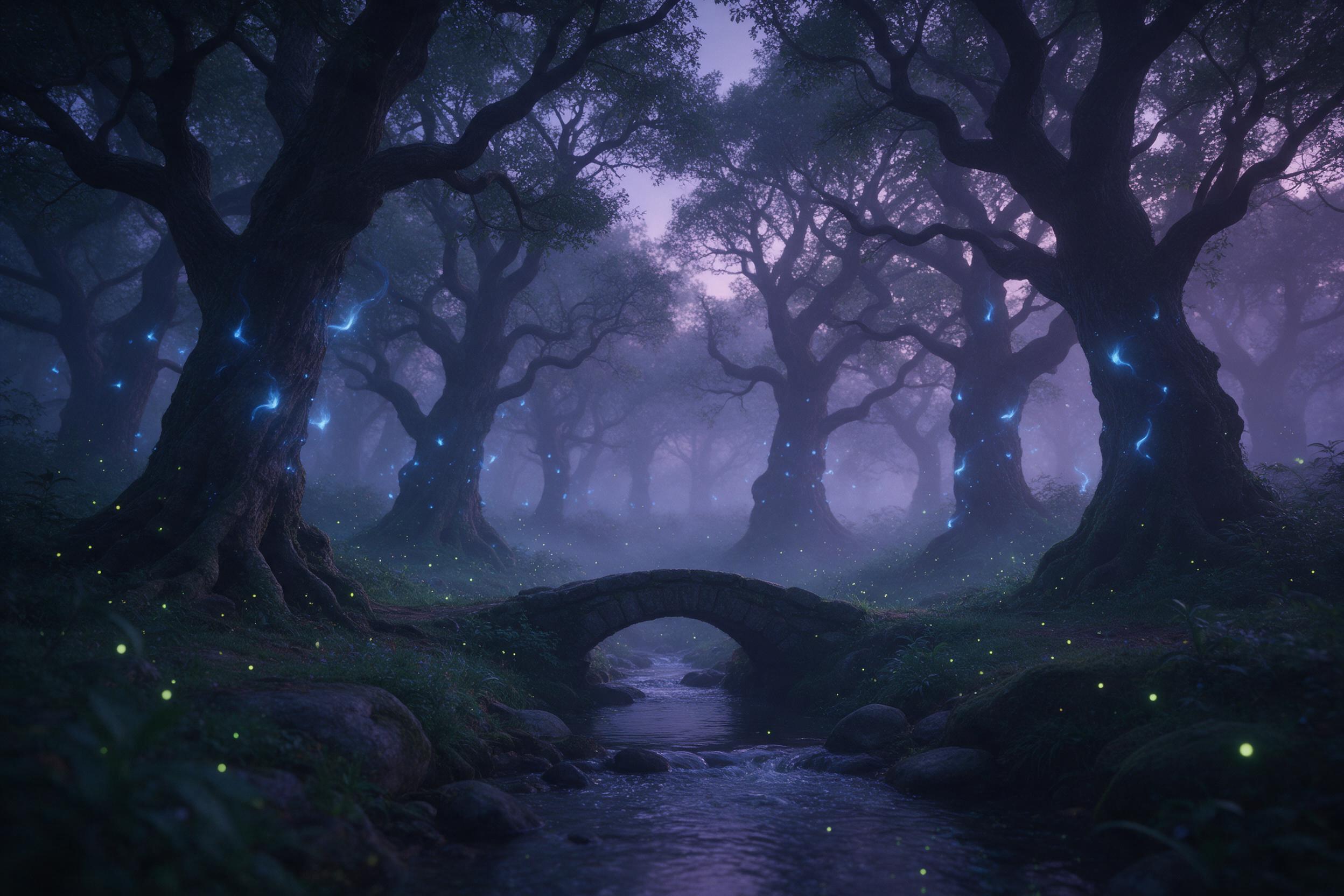 A misty twilight forest with ancient gnarled trees, glowing blue spirit wisps floating between trunks, a small stone bridge over a softly bubbling creek, fireflies scattering light, deep purple and teal tones, ethereal atmosphere, wide-angle composition, soft diffuse lighting with gentle fog