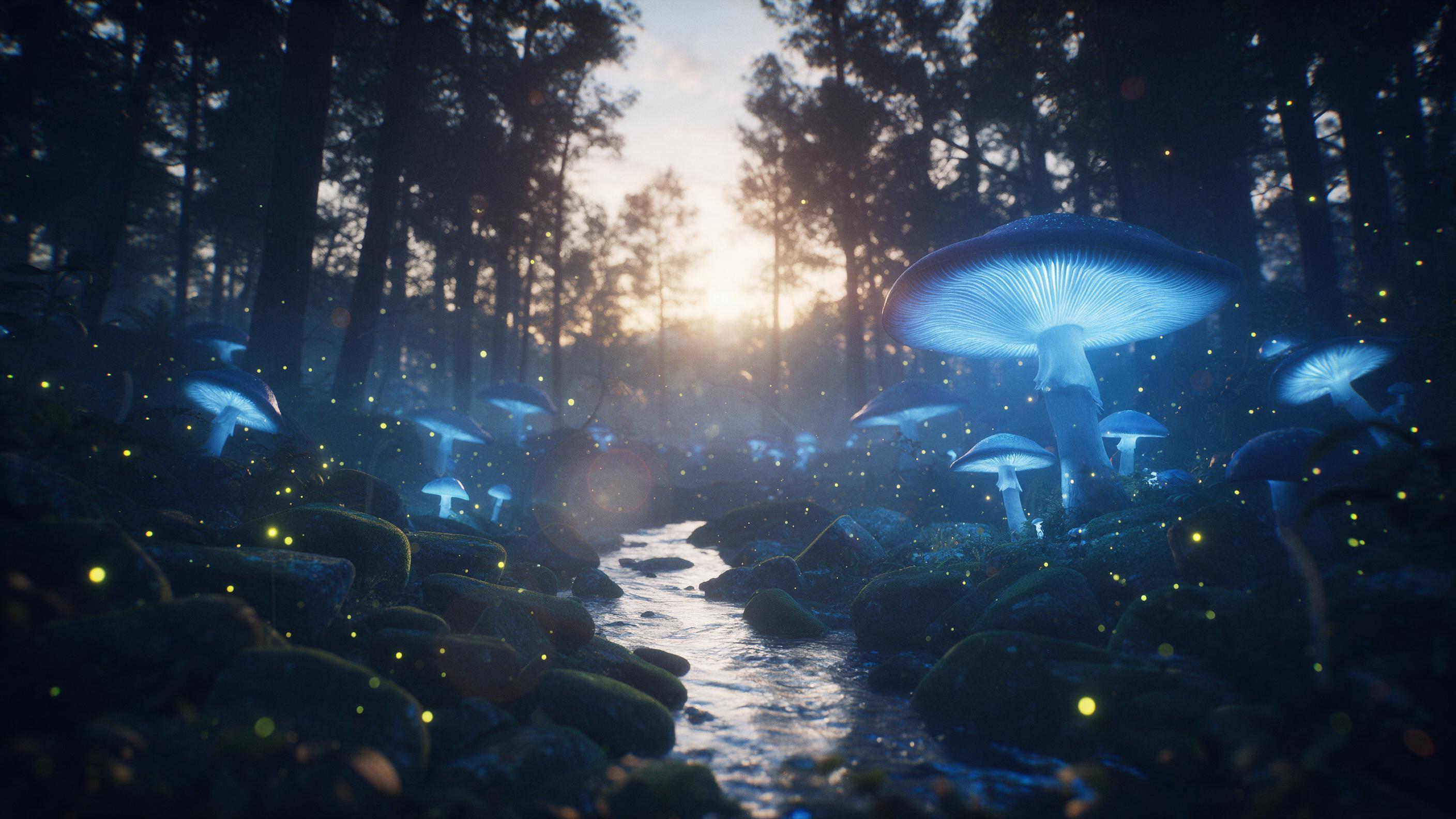 A luminous bioluminescent forest at dusk, giant glowing mushrooms casting soft azure light, a silver river winding through moss-covered ancient stones, ethereal fireflies and faint mist, towering silhouetted trees, lens flare, subtle film grain, golden-hour glow through canopy, shallow depth of fiel