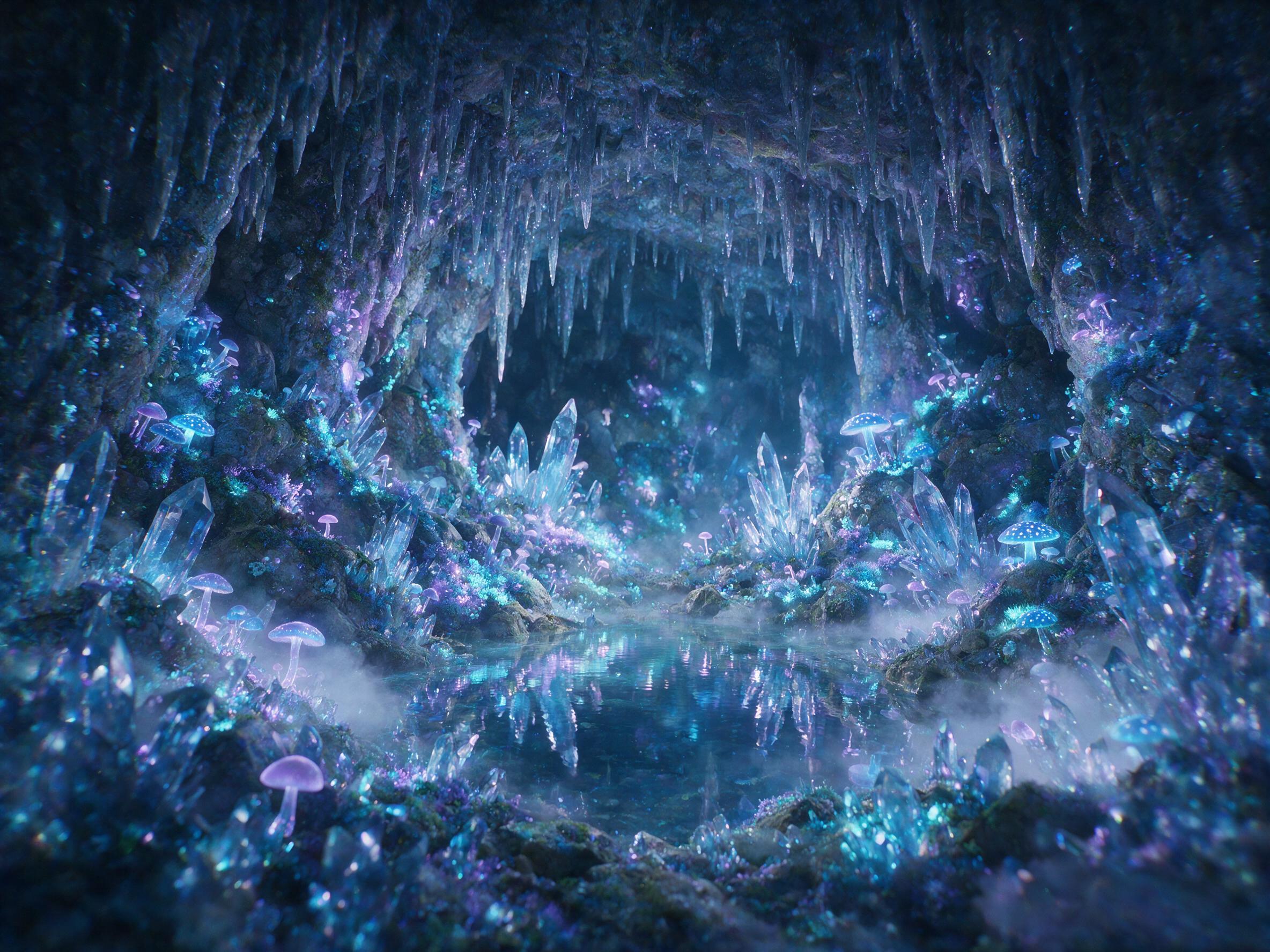 A luminous crystal cave deep underground, glowing moss and bioluminescent fungi casting soft blue and purple light on stalactites, a small pool of clear water reflecting the ethereal glow, mist swirling low, dreamlike atmosphere, slight camera shake adding mystery.