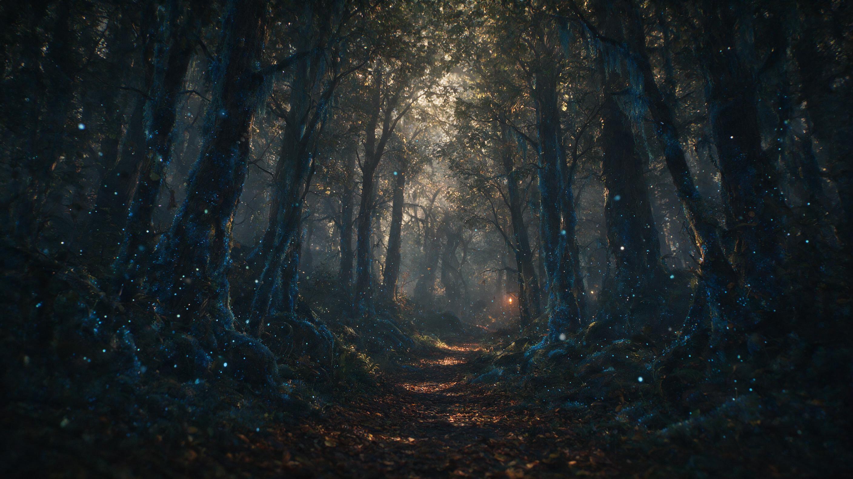 A misty forest at twilight, ancient trees draped in glowing blue moss, soft bioluminescent spores floating in the air, a narrow winding path covered in fallen leaves, dappled moonlight filtering through the canopy, ethereal atmosphere, cinematic composition, warm amber tones from a distant lantern, 