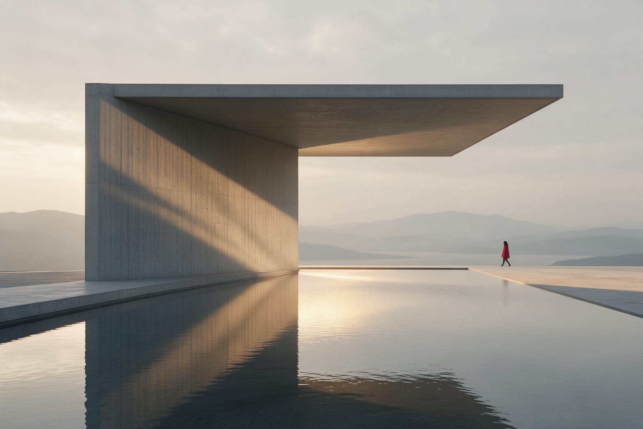 A soaring minimalist concrete pavilion with a cantilevered roof floating over a shallow reflecting pool, warm golden hour light casting long diagonal shadows across the textured wall, lone figure in red walking on the far side, subtle haze in the background, calm and serene atmosphere.
