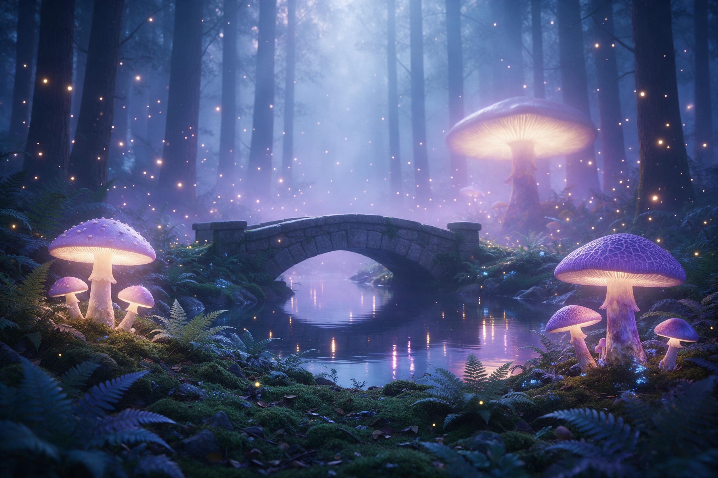 Misty twilight forest with giant glowing mushrooms, fireflies dancing in the air, a small stone bridge crossing a mirror-like stream, ethereal blue and purple palette, soft volumetric light filtering through fog, lush moss and ferns, quiet magical atmosphere, intricate details, cinematic composition