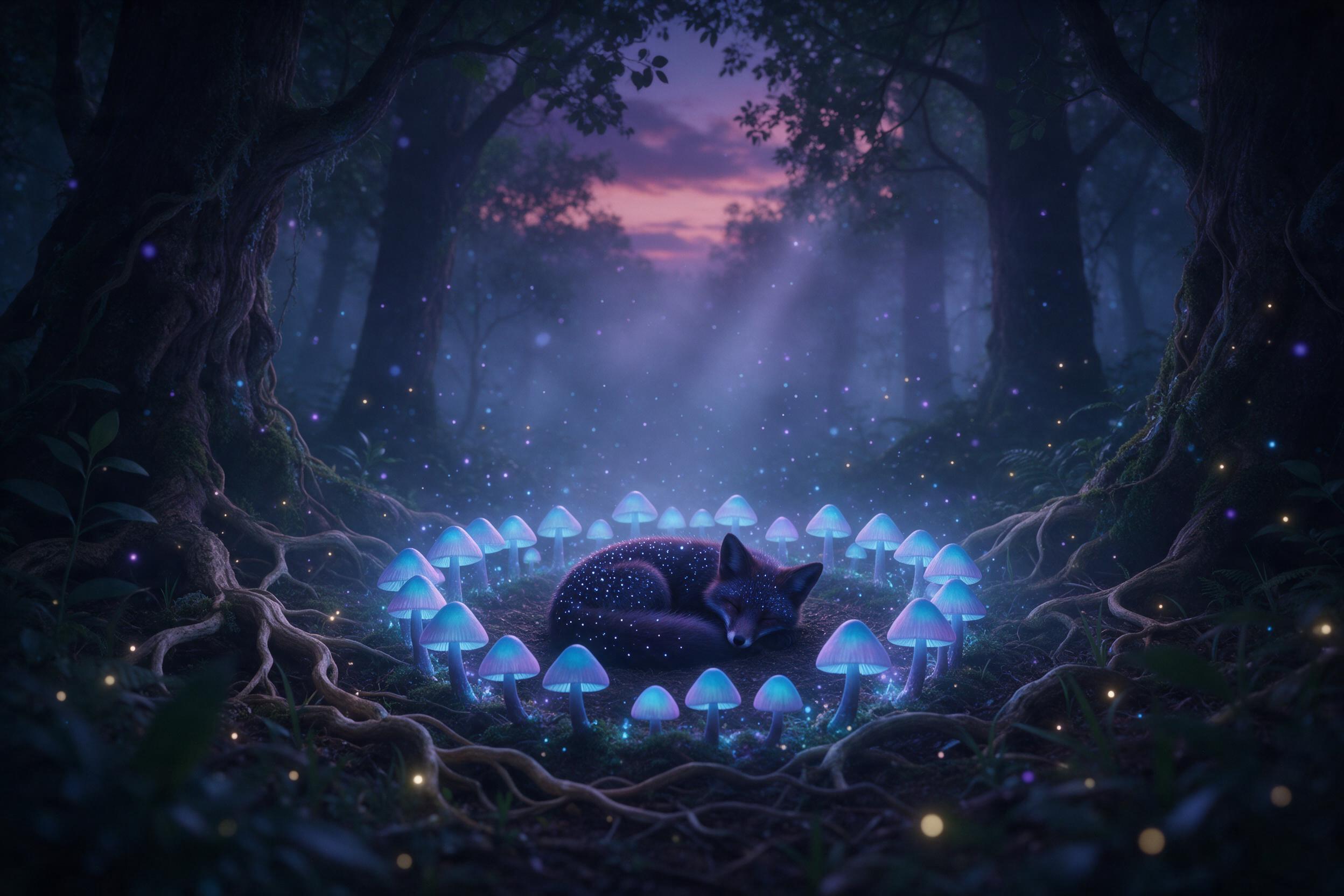 A glowing mushroom ring deep in an ancient forest at twilight, bioluminescent blue and purple spores drifting in the mist, a small fox with starry fur curled at the center, fireflies weaving between gnarled roots, soft volumetric light filtering through foggy canopy, dreamy atmosphere, slightly ethe