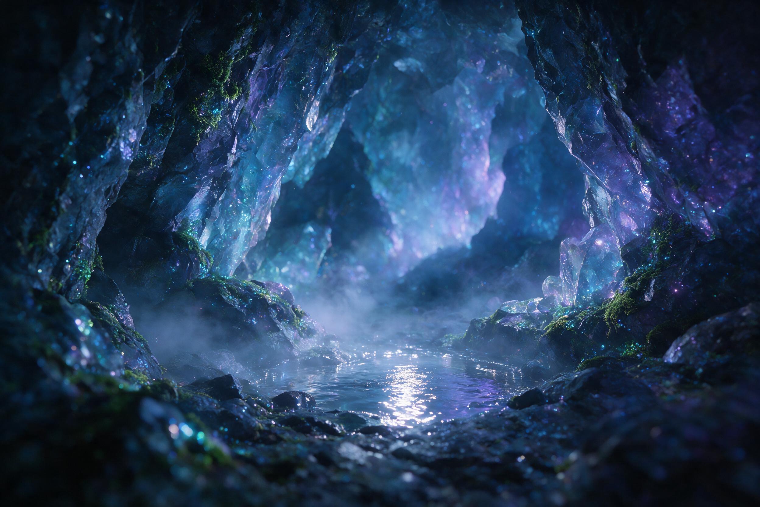 A luminous crystal cave deep underground, bioluminescent moss clinging to jagged walls, a small pool of liquid silver reflecting dancing light, soft mist rising, ethereal blue and violet glow, wide-angle composition, shallow depth of field, natural ambient lighting.