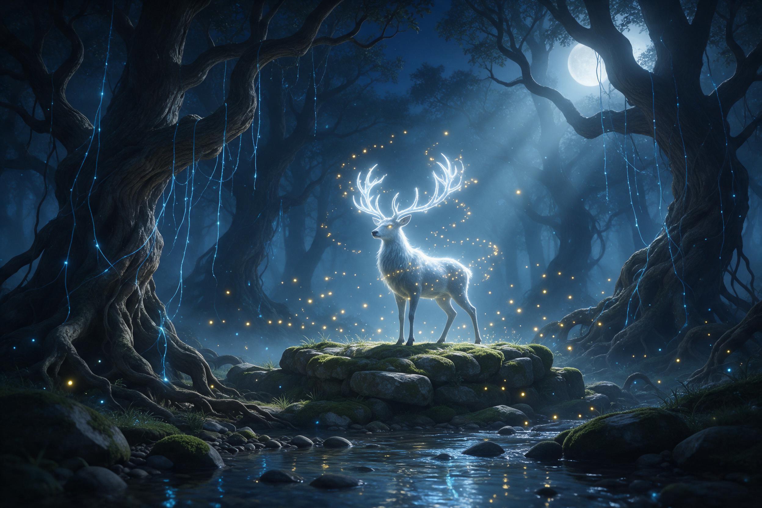 A misty forest clearing at twilight, ancient twisted trees draped with glowing blue vines, a luminous stag with antlers of silver light standing on moss-covered stones, fireflies swirling around its form, soft ethereal moonlight filtering through the canopy, faint magical particles drifting, shallow