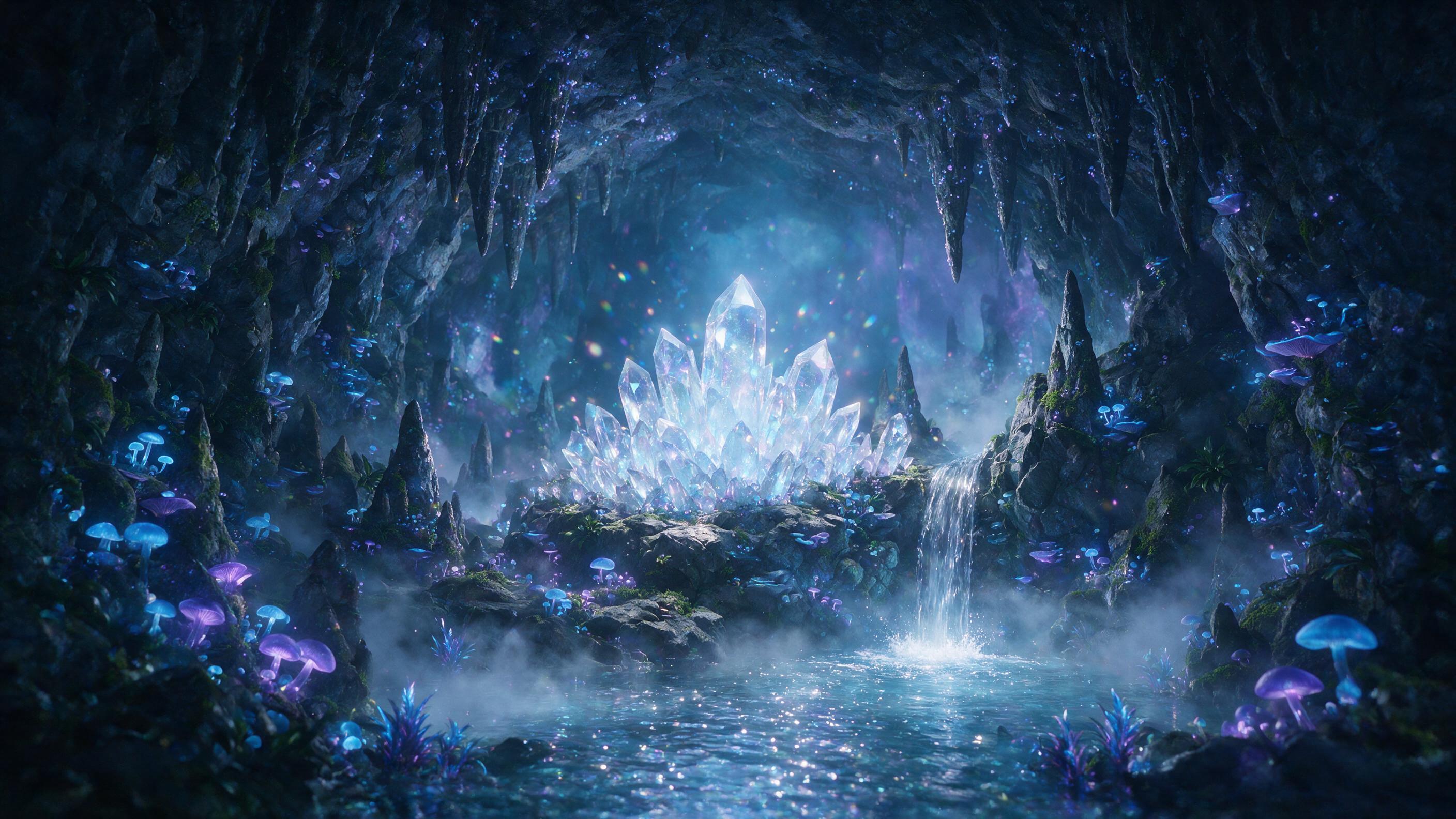 A glowing crystal cavern deep underground, bioluminescent fungi casting soft blue and purple light on jagged rock formations, a small waterfall cascading into a pool of shimmering liquid, mist swirling, ethereal atmosphere, cinematic composition with a central focus on the glowing crystals, natural 