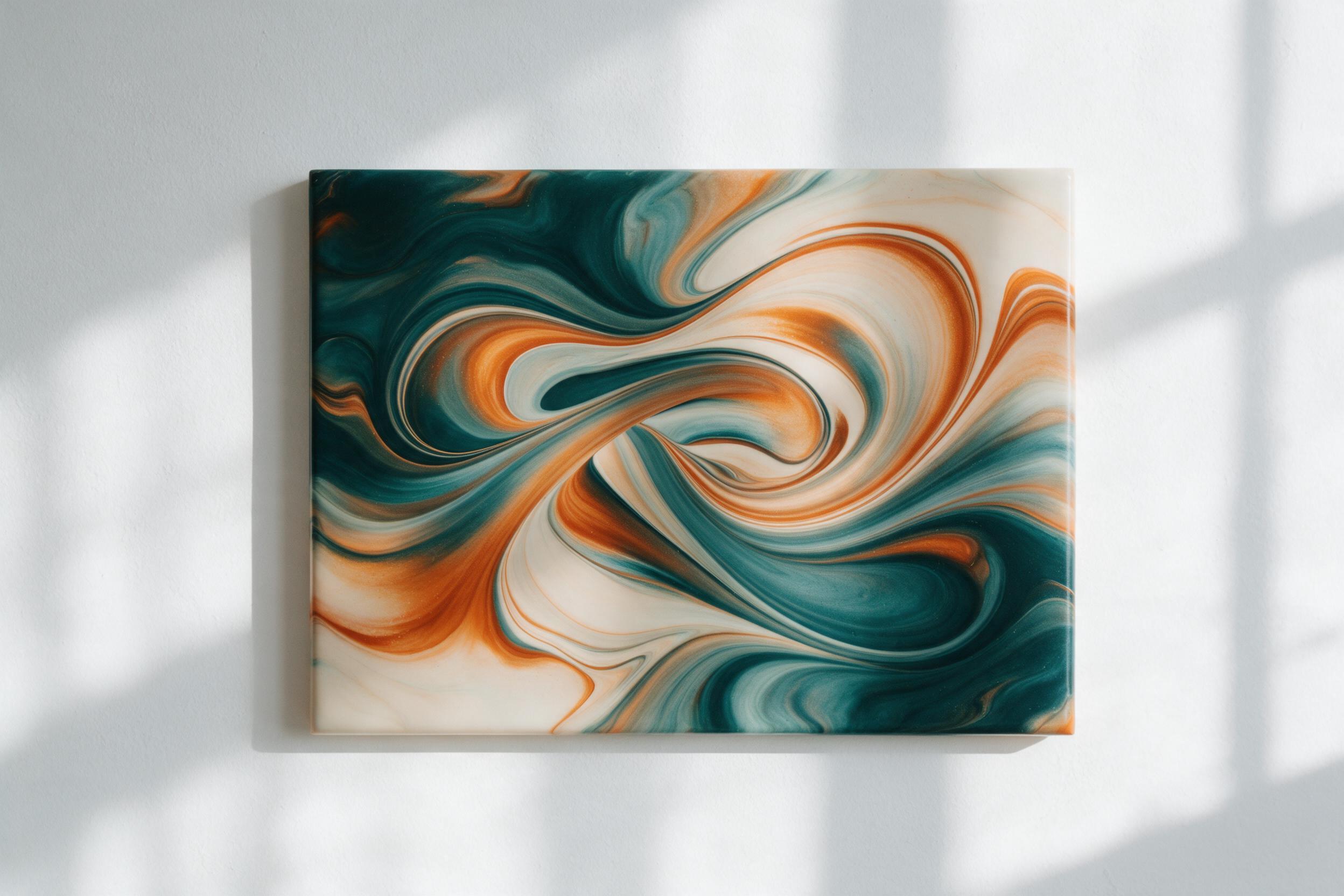 A minimalist fluid art composition with swirling ribbons of deep teal, burnt orange, and cream, captured in natural window light, soft shadows on a white plaster wall, smooth glossy surfaces, subtle grain, shallow depth of field, elegant and calm mood