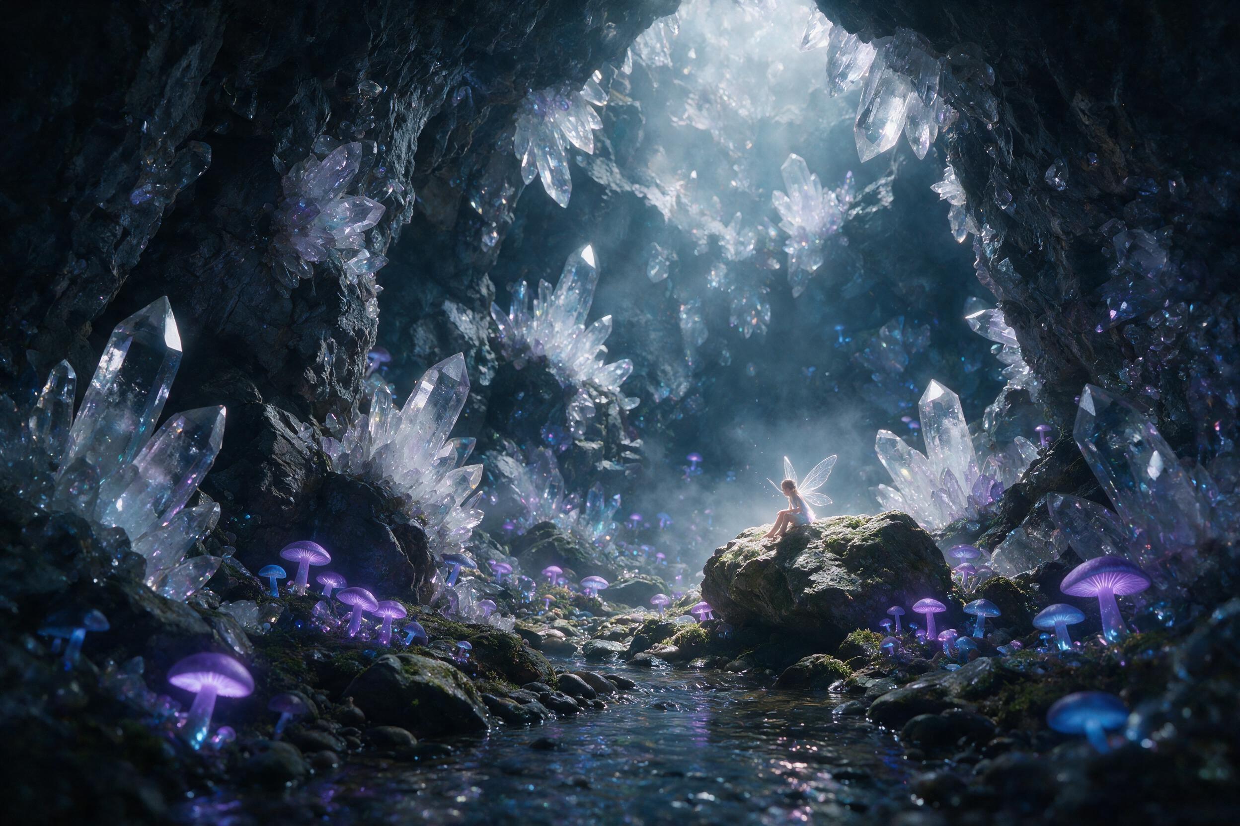 A luminous crystal cave deep underground, glowing mushrooms in purple and blue hues, a small fairy with translucent wings sitting on a mossy rock, soft magical light rays filtering through crystal formations, ethereal atmosphere, slight mist, shallow depth of field emphasizing the fairy.