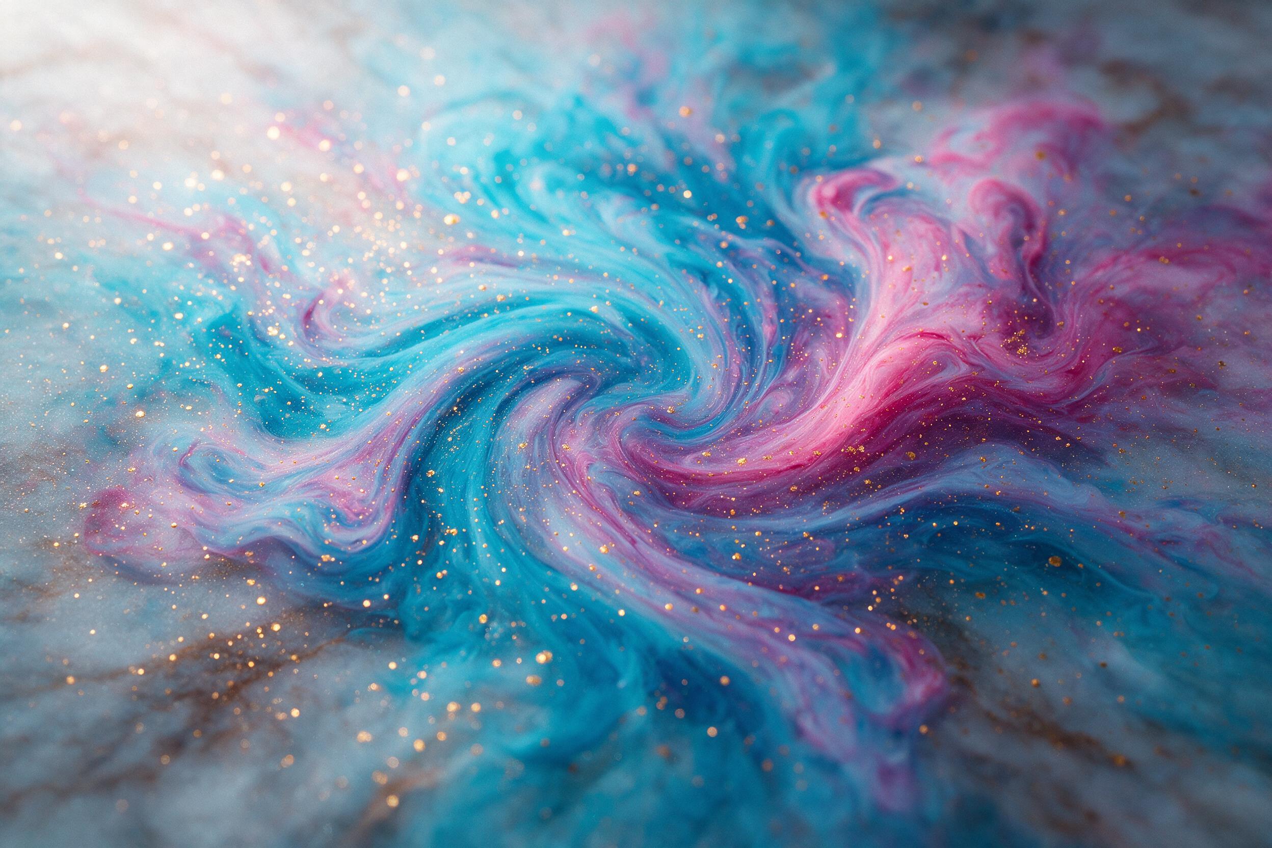 Fluid abstract composition with vibrant cyan and magenta swirls, golden speckles suspended in translucent resin, soft gradient lighting from upper left, shallow depth of field blurring edges, smooth marble texture base, subtle grain texture