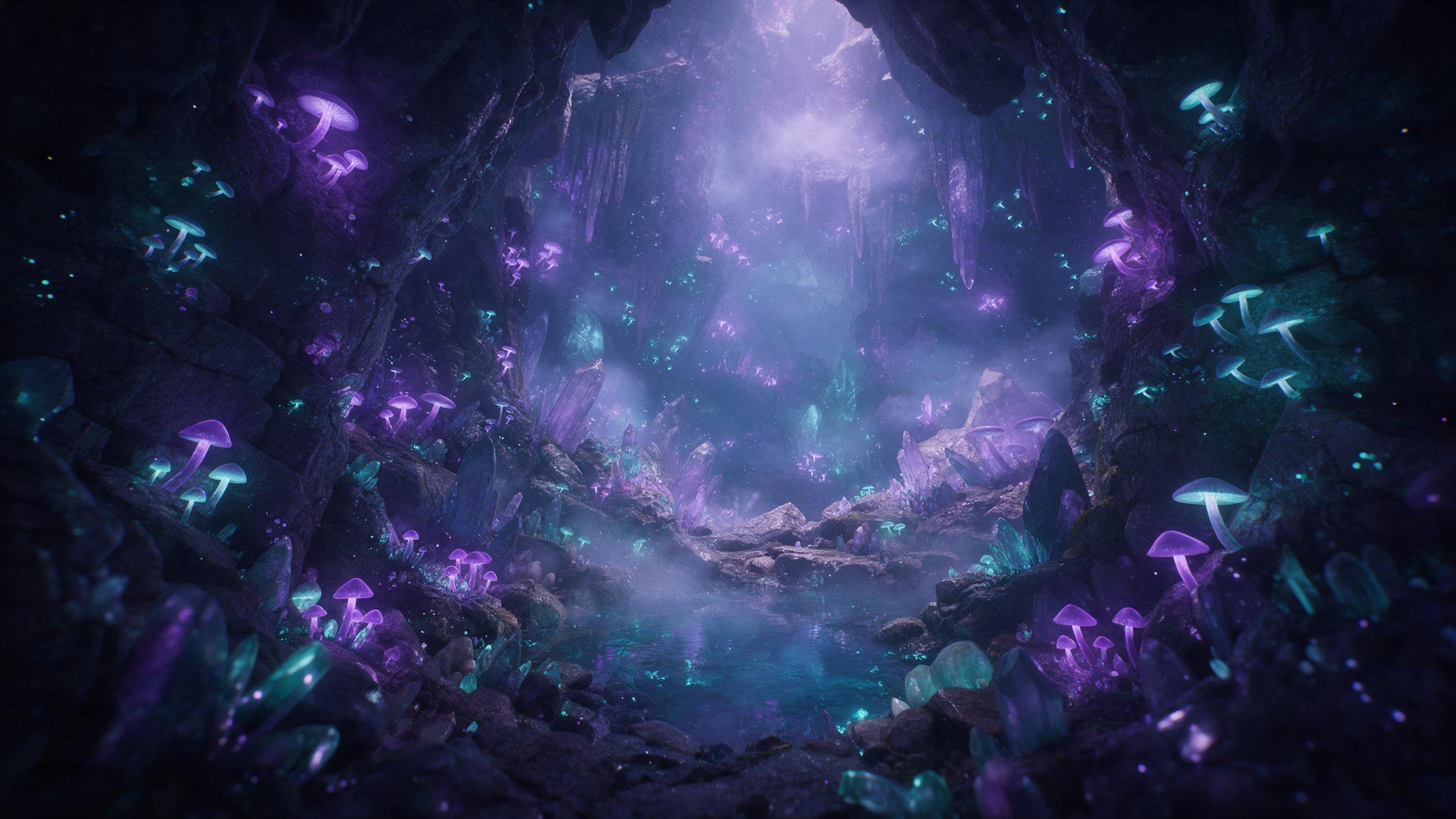 A luminous crystal cavern deep beneath an enchanted forest, glowing mushrooms in violet and teal along the rocky walls, a small clear pool reflecting the bioluminescent light, mist drifting through the air, soft diffused glow from above, intricate mineral formations, dreamy atmosphere, wide-angle co