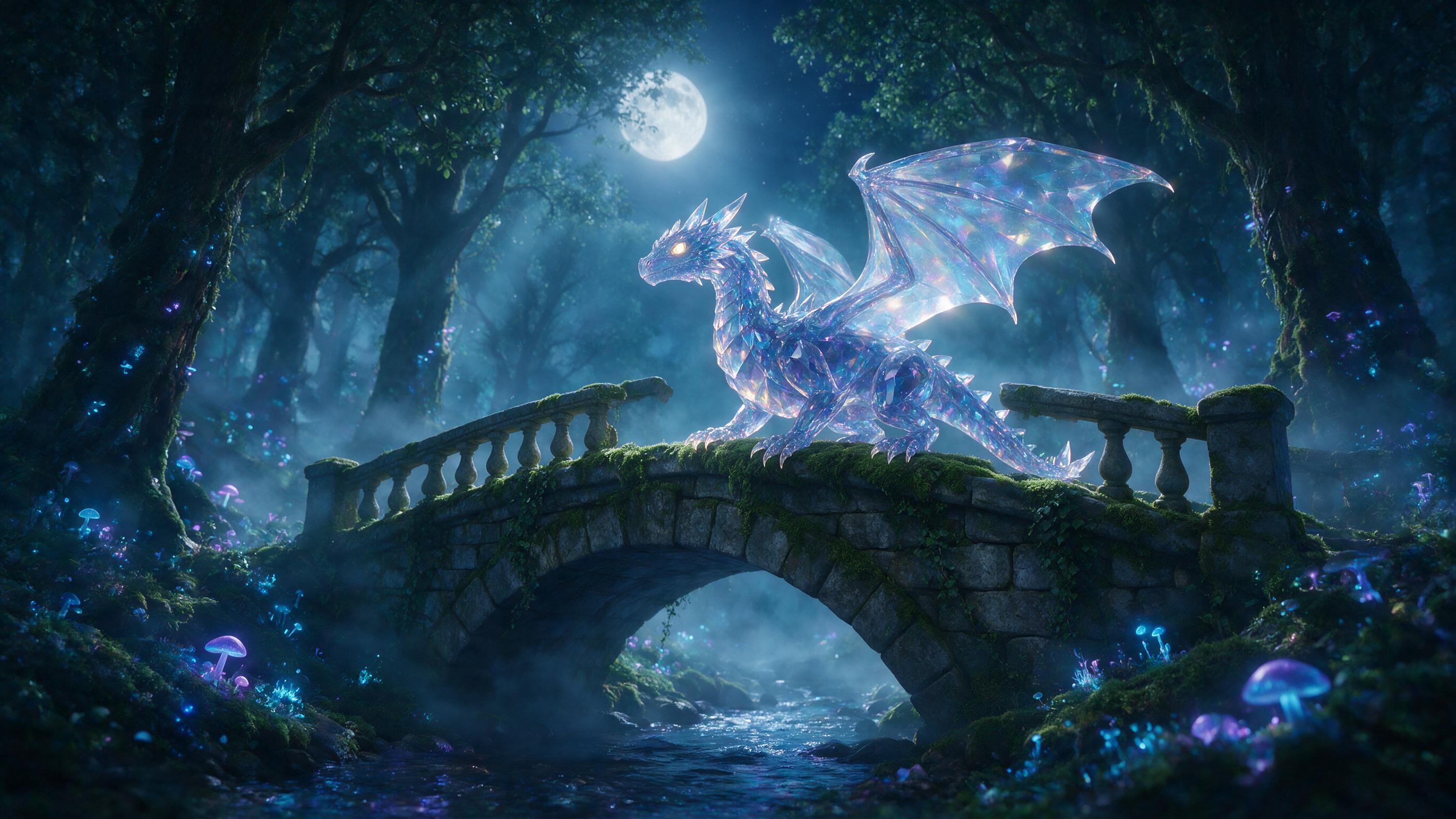 A glowing crystal dragon perched on a moss-covered stone bridge in a misty forest, bioluminescent plants casting soft blue and purple light, gentle fog swirling around, moonlight filtering through ancient trees, cinematic composition with shallow depth of field