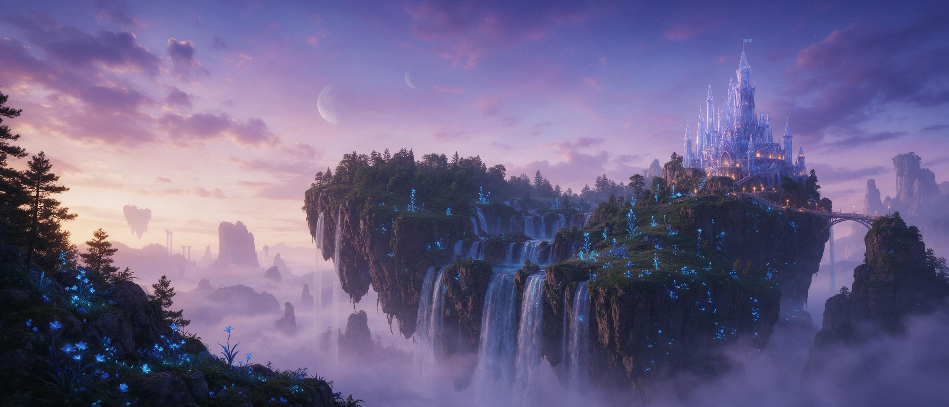 A floating island with cascading waterfalls and glowing blue flora under a twilight purple sky with two moons, a silhouette of a crystal castle on the edge, soft mist veiling the chasm below, cinematic wide-angle composition