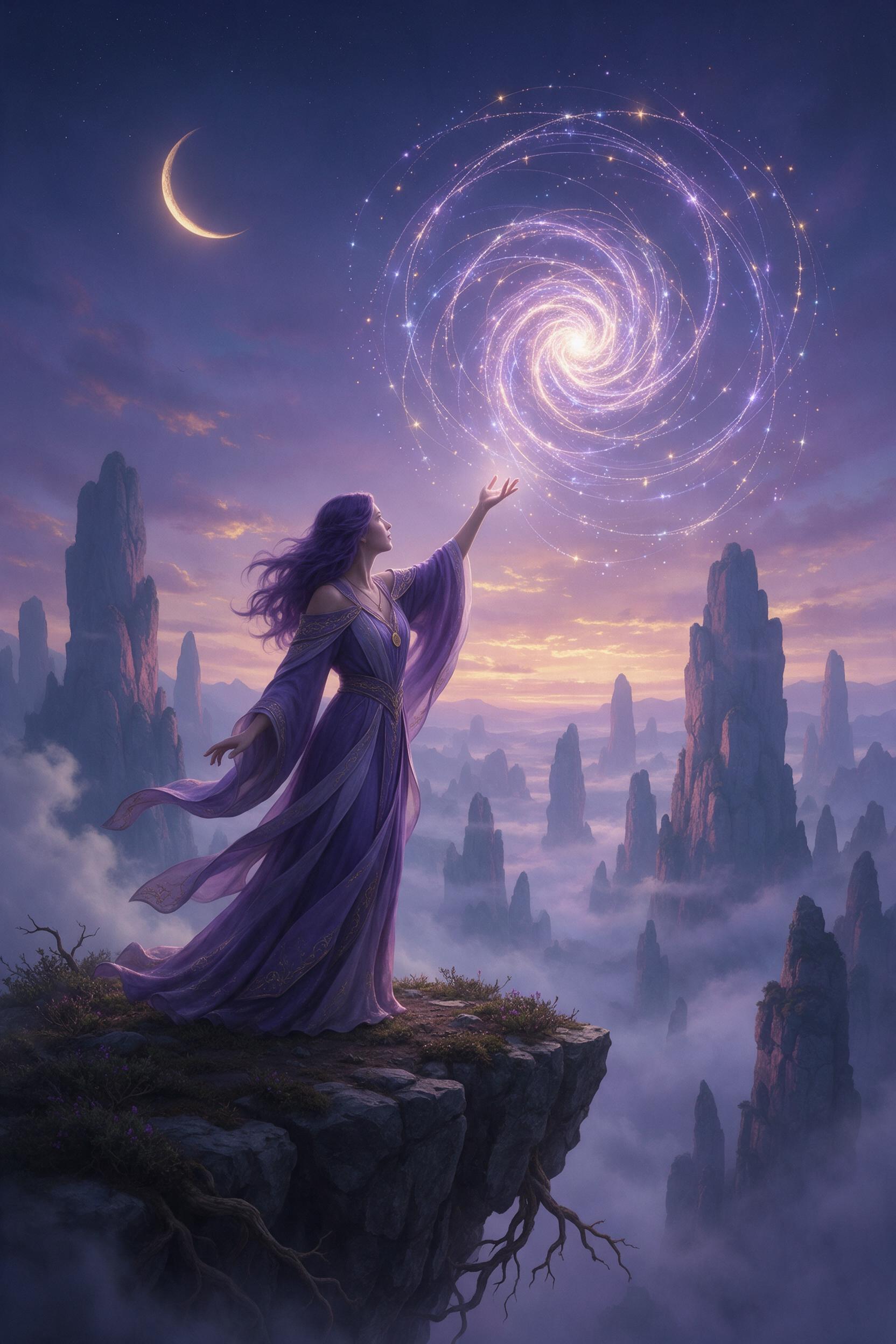 A lone mage stands on a floating island at twilight, casting a spell that weaves glowing threads of starlight into a shimmering spiral above a vast, misty canyon below. Pale lavender and gold light from a crescent moon highlights her flowing robes, while fine mist drifts between the rock spires. Sho