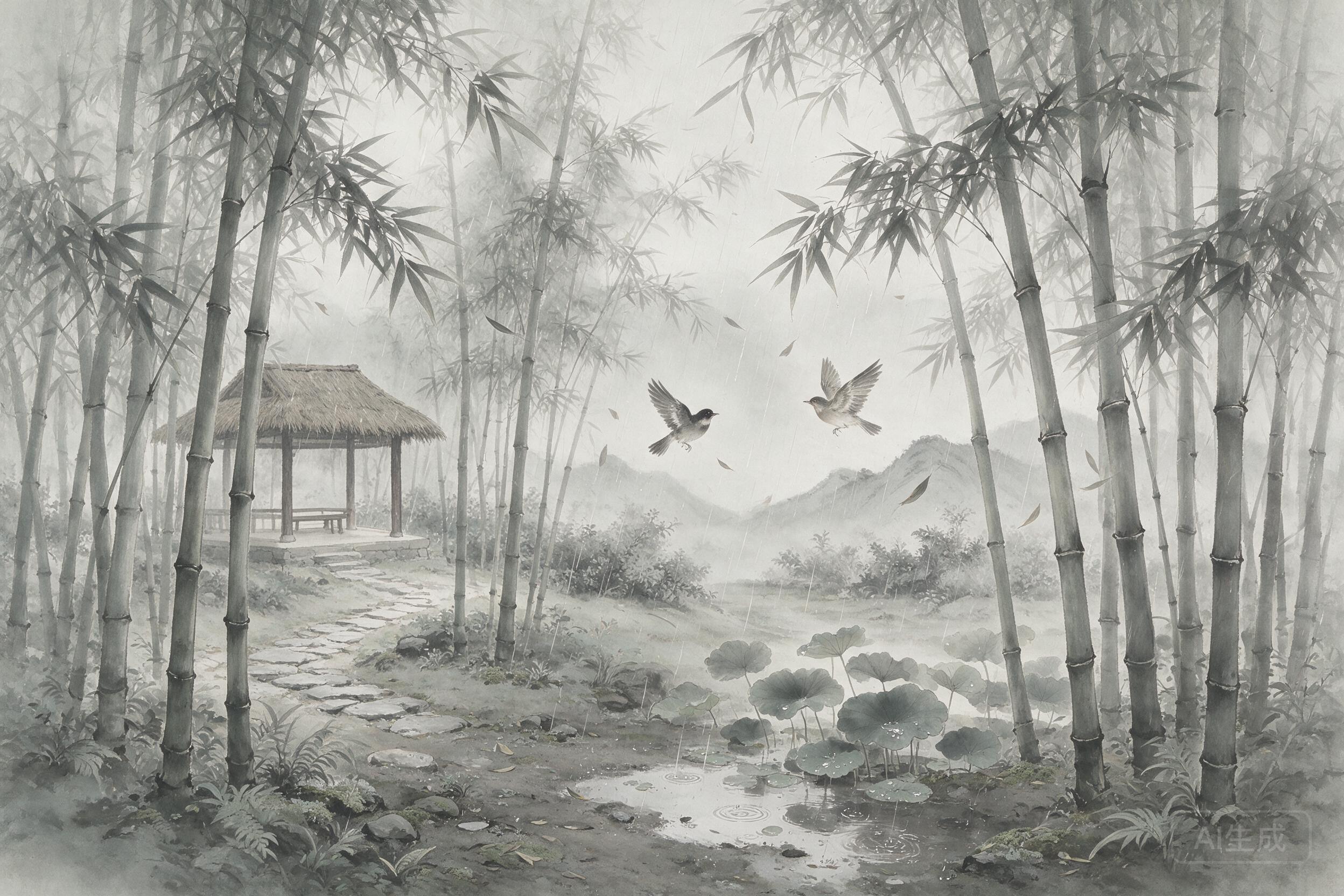 Ancient Chinese ink wash painting of bamboo grove in rain, soft gray tones, flowing brushstrokes, poetic atmosphere
