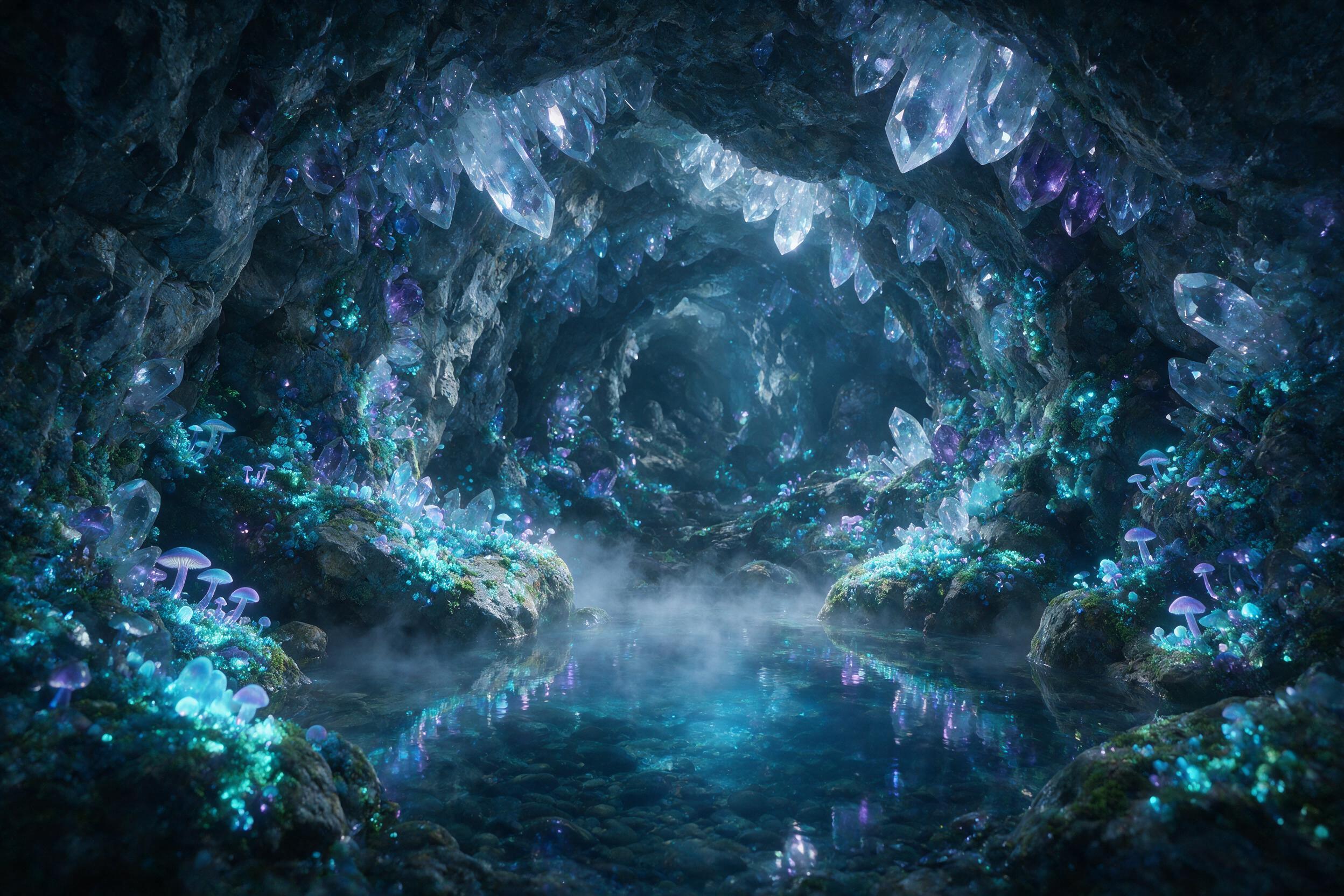 A luminous crystal cave deep underground, bioluminescent moss and glowing fungi covering rough stone walls, a small clear pool reflecting soft blue and violet light, mist rising from the water, wide-angle composition, natural lighting from the crystals, slight haze in the air