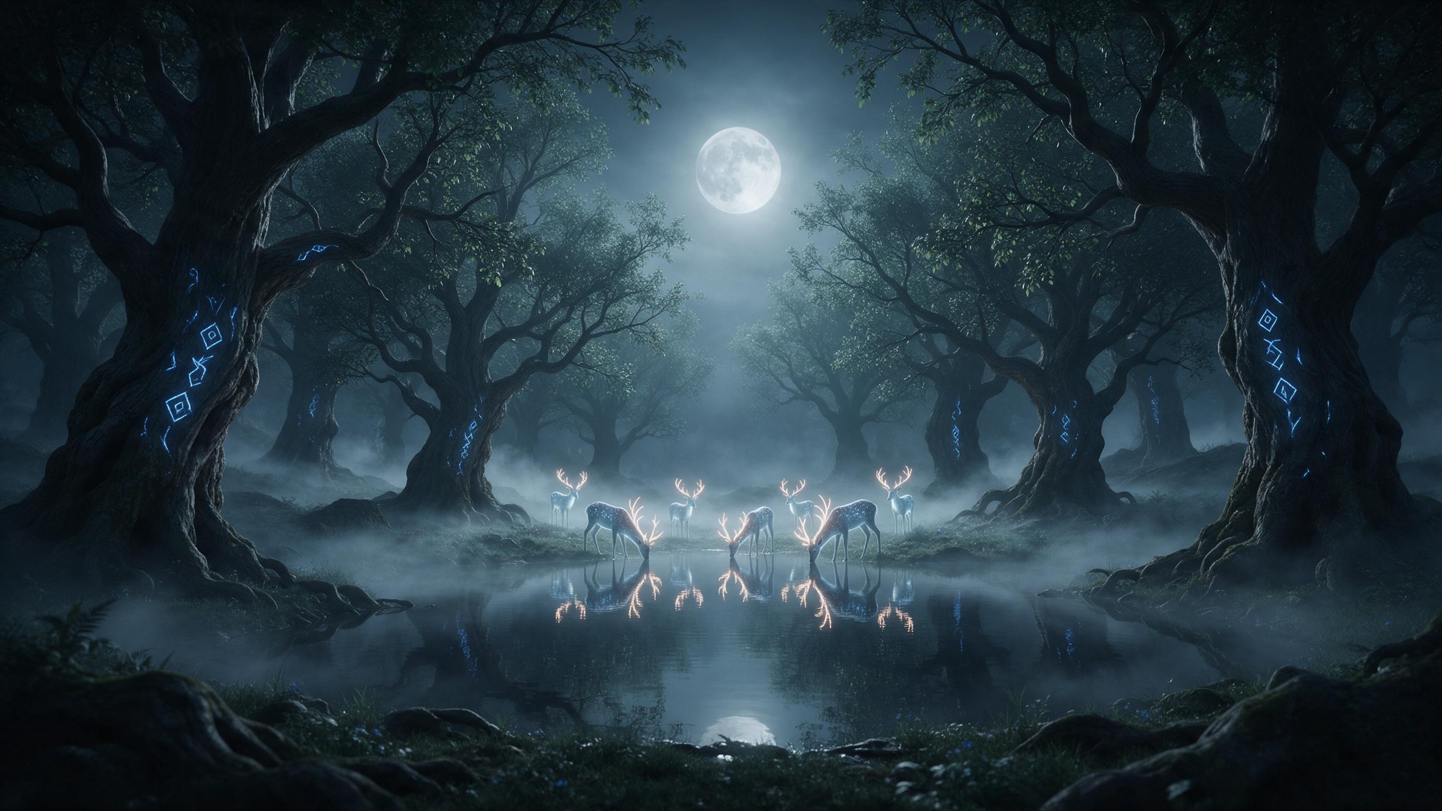 A misty moonlit forest clearing, ancient gnarled trees with glowing blue runes carved into bark, a small herd of luminous deer with antlers of soft amber light drinking from a mirror-black pond, fog drifting low, cool silver and teal palette, ethereal atmosphere, wide shot with centered composition