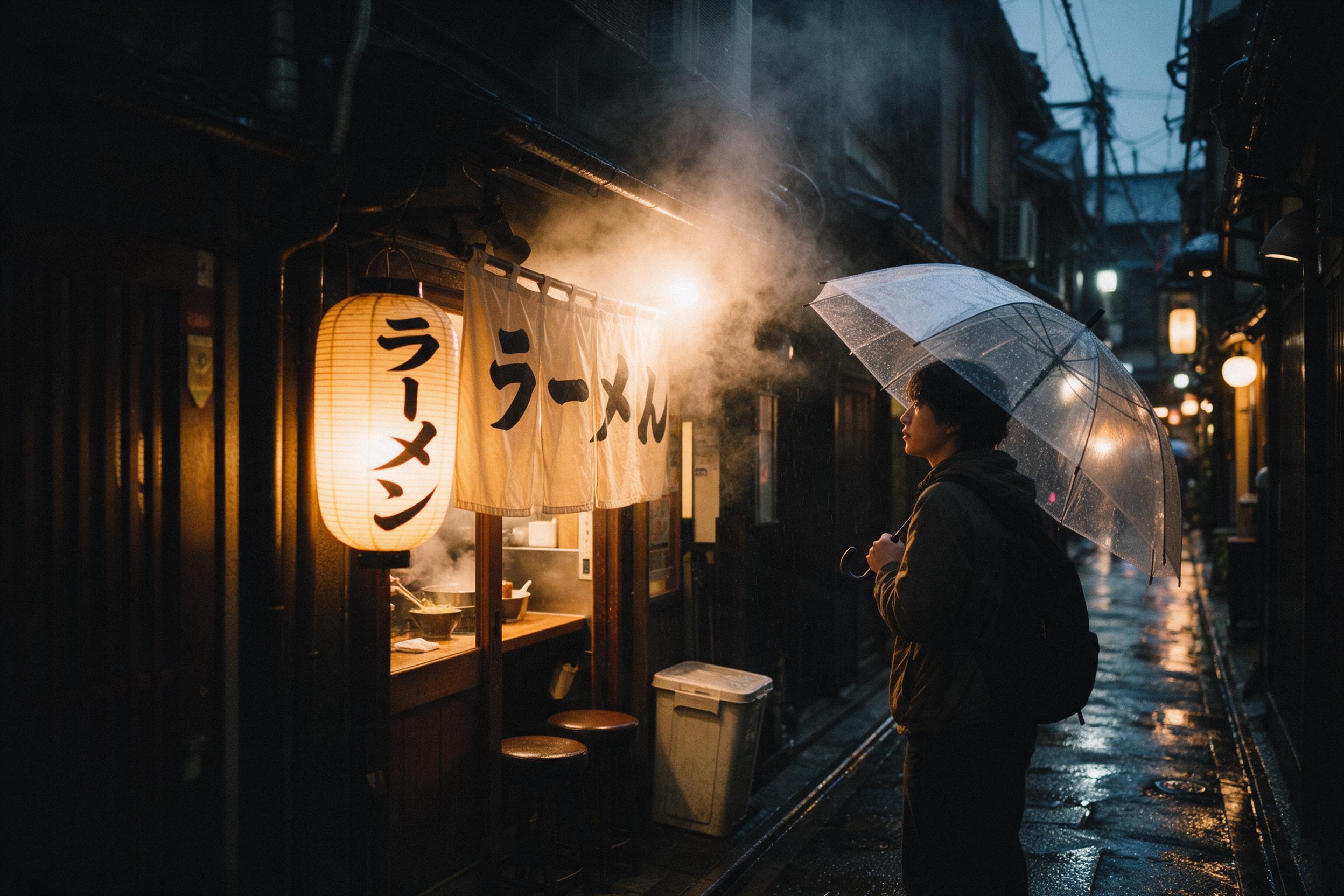 A rainy evening in a narrow Kyoto alley. Warm light spills from a tiny ramen shop, steam rising into the cool air. Wet cobblestones reflect the glowing noren curtain and paper lanterns. A single customer, holding a transparent umbrella, pauses to look back. Shot on 35mm film, slight grain, natural o