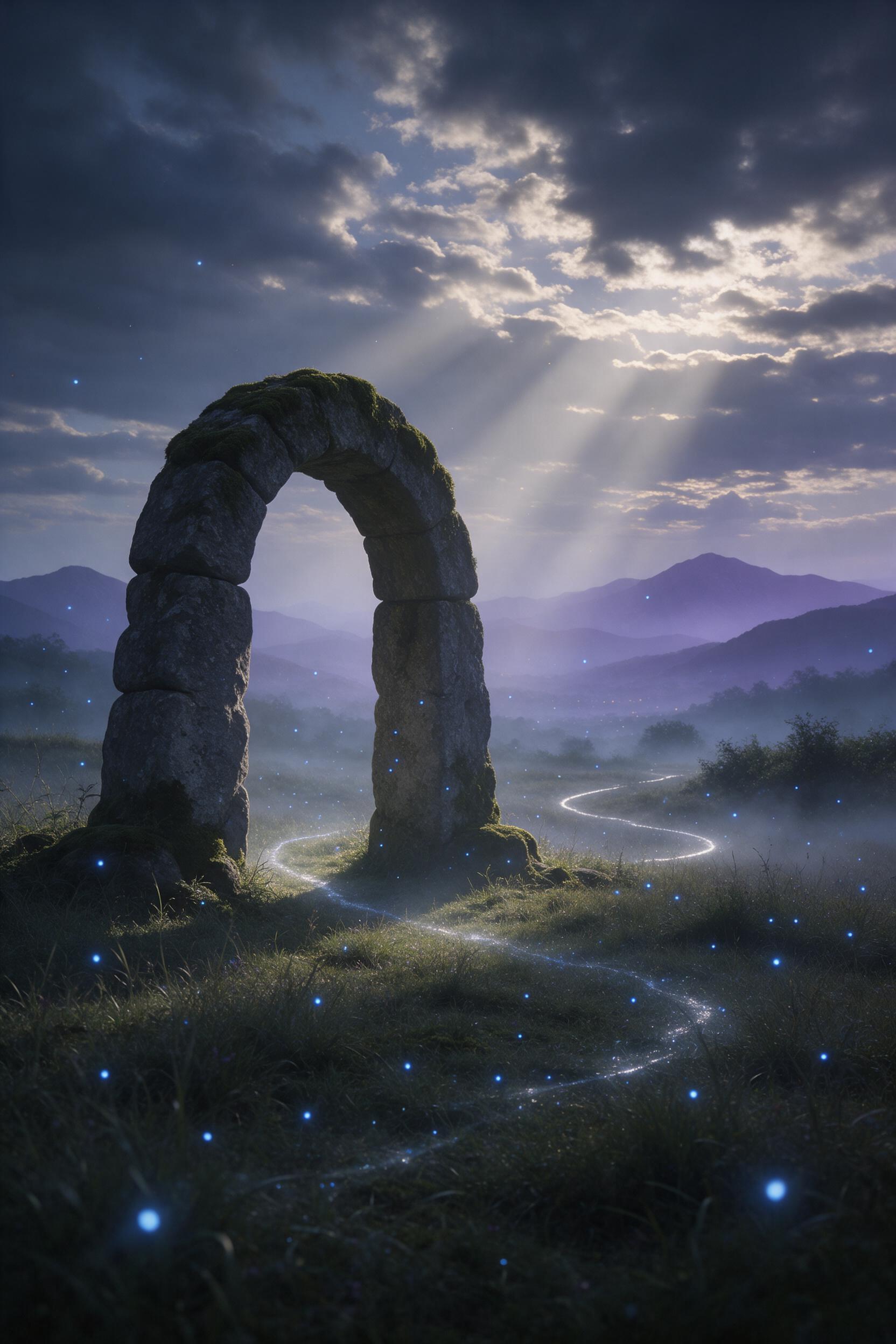 An ancient, moss-covered stone archway stands alone in a misty meadow at dusk. Glowing blue fireflies drift through the air, and a faint silver path winds toward distant violet mountains. Soft god rays break through broken clouds, casting long shadows. The scene has a mysterious, ethereal atmosphere