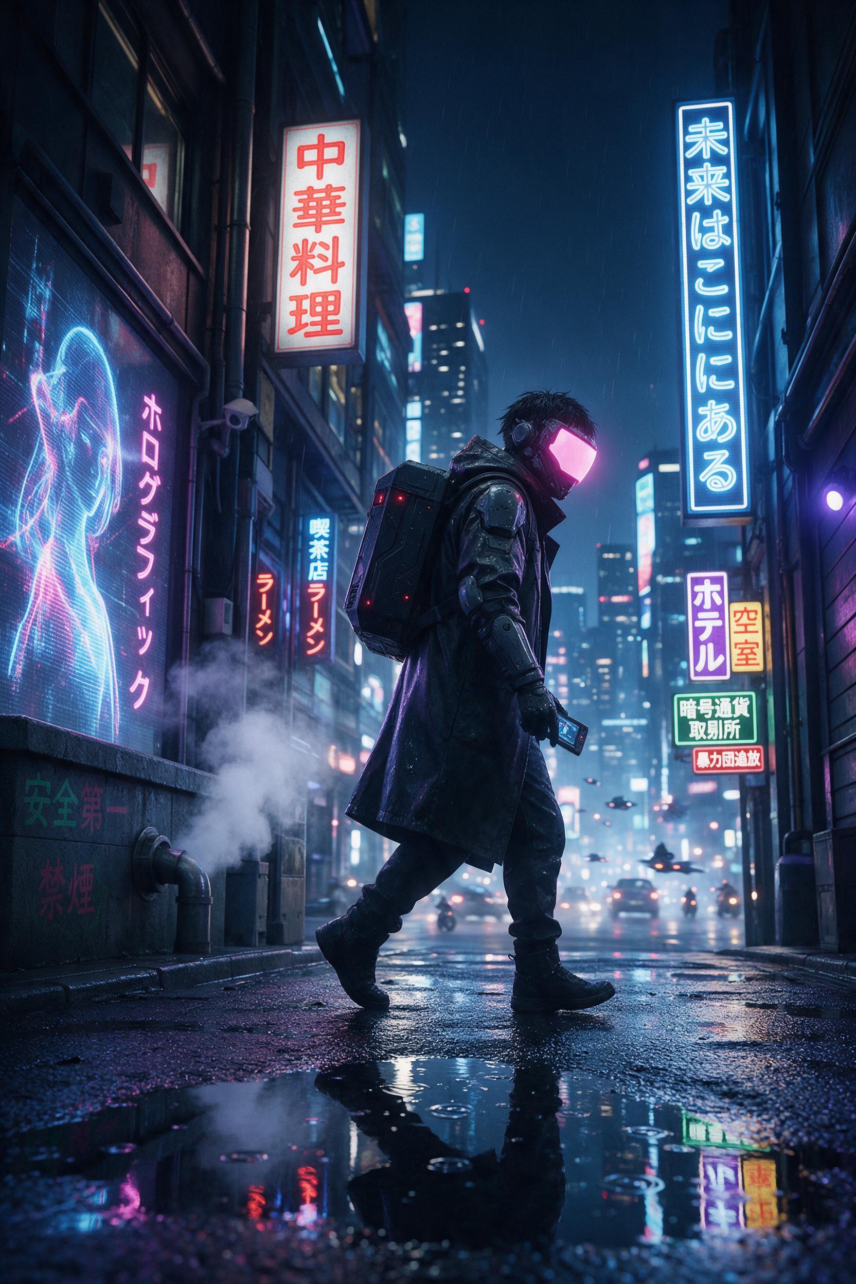 A rain-slicked neon alley in Neo-Tokyo at midnight, holographic signs flickering with kanji, a lone cybernetic courier with glowing visor walking past steam vents, reflections in puddles, shallow depth of field, cinematic rim lighting, slight motion blur on background traffic