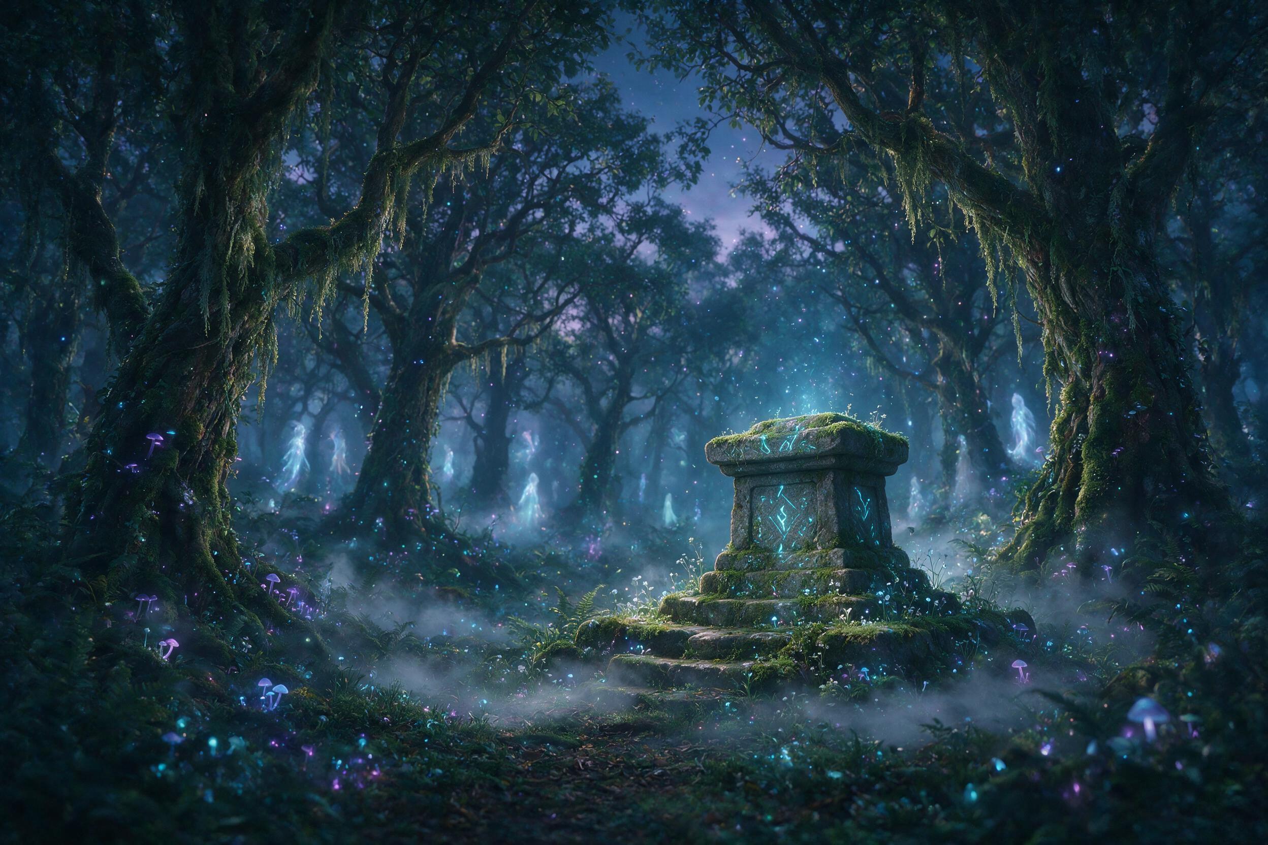 A luminous, ancient forest at twilight, bioluminescent mushrooms and floating pollen casting soft blue and purple light, a hidden stone altar with moss, mist clinging to the ground, faint ethereal figures in the distance, shot with a dreamy, soft-focus lens, natural glow