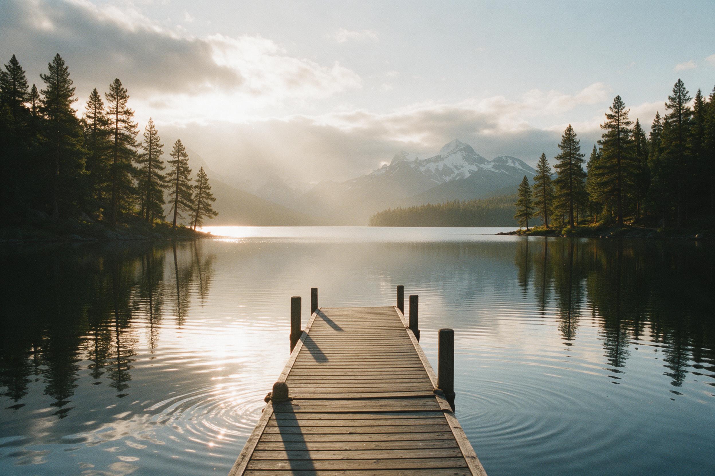 Golden hour over a misty mountain lake, pine trees reflected in still water, distant snow-capped peaks, warm sunlight cutting through low clouds, soft atmospheric haze, a lone wooden dock extending into the foreground, gentle ripples catching light, shot on 35mm film with natural grain