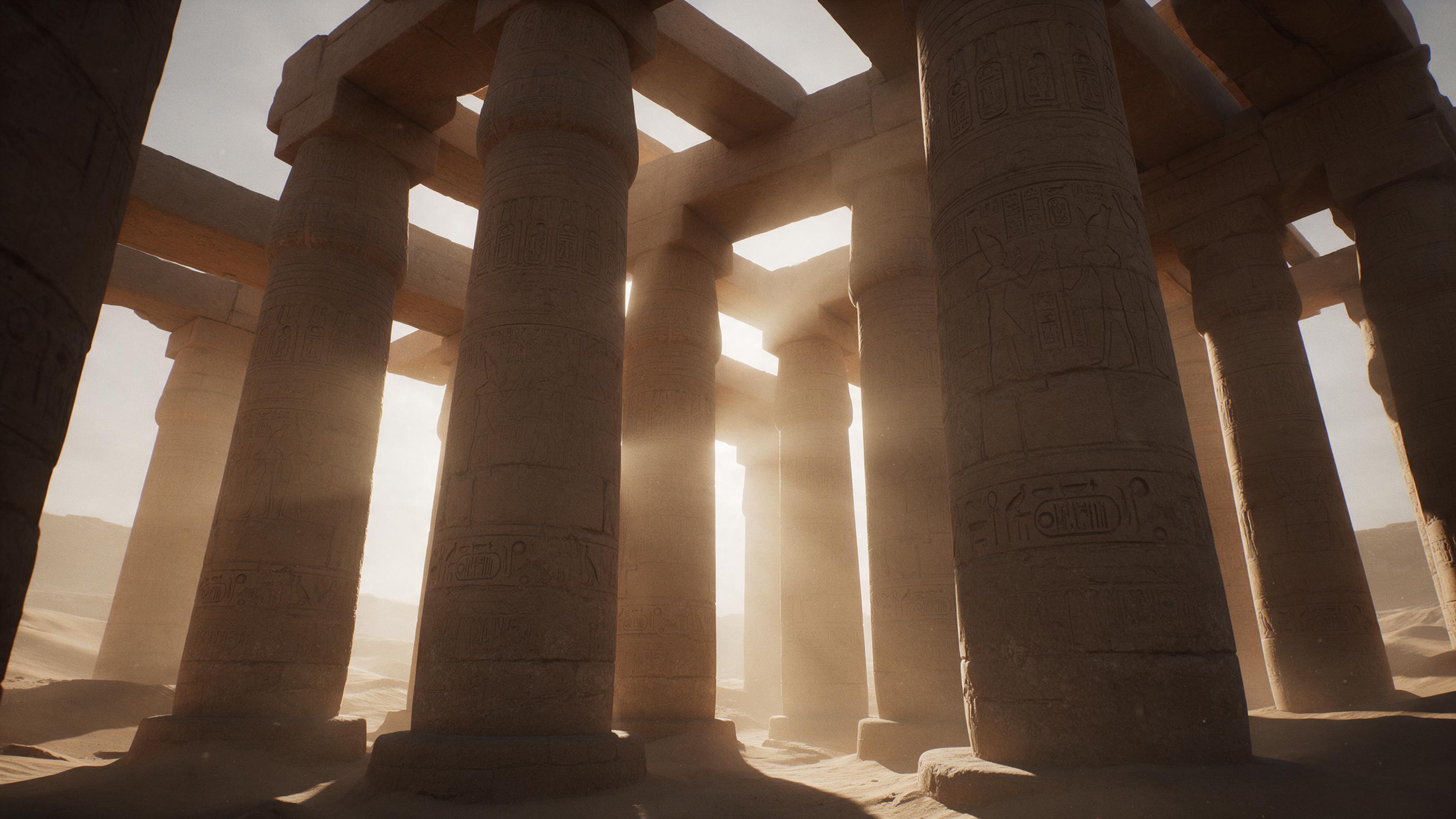 An ancient Egyptian temple at dawn, massive sandstone columns with intricate hieroglyphs, warm golden light filtering through gaps, dust particles floating, camera low angle looking up, slight film grain, gentle haze, muted earthy tones, surrounded by desert sands.