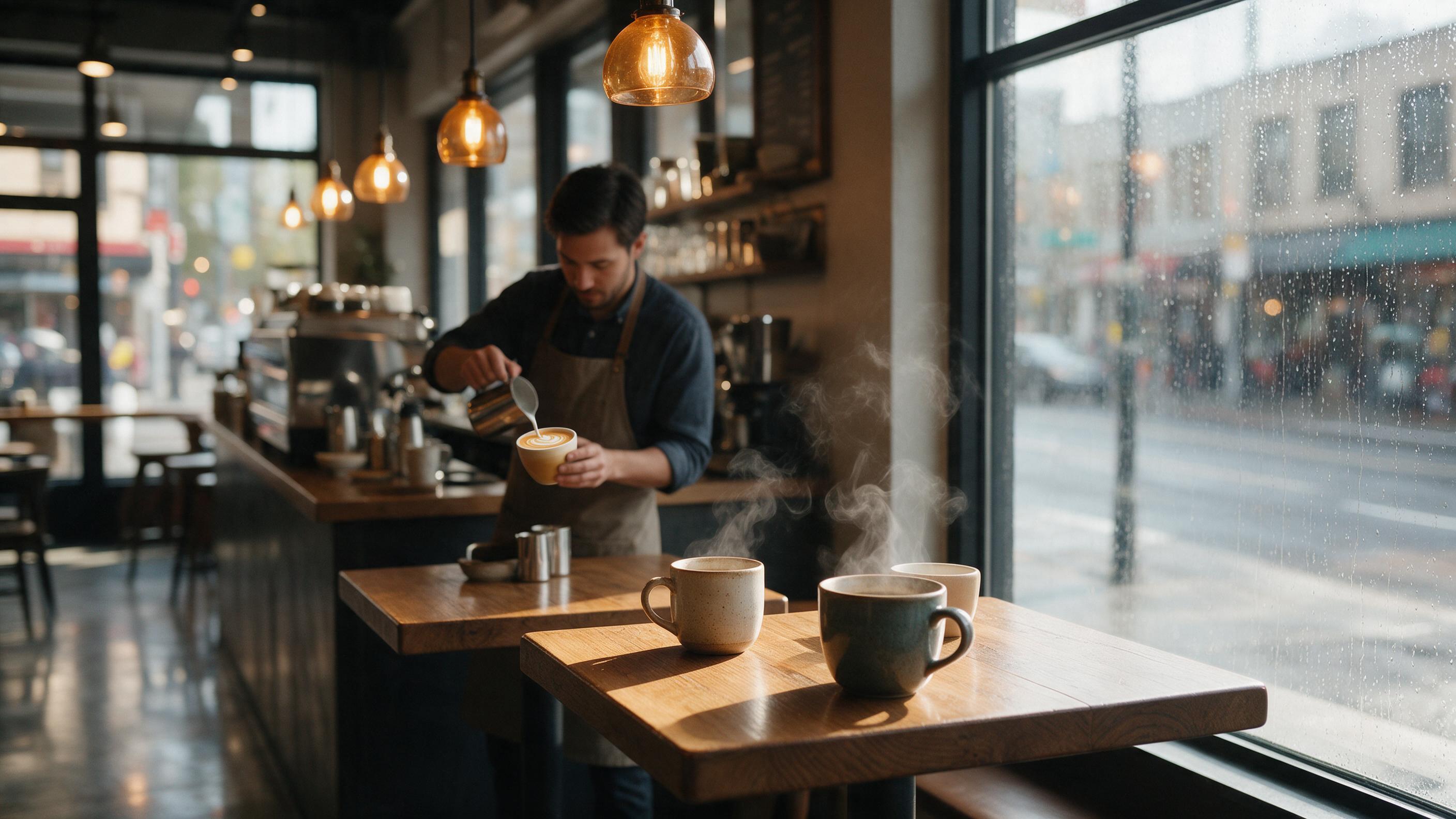 A cozy coffee shop interior on a rainy morning, warm amber pendant lights over wooden tables, steam rising from ceramic mugs, large window with rain-streaked glass showing blurred city street, barista in apron pouring latte art, soft reflections on polished floor, shallow depth of field, natural soo