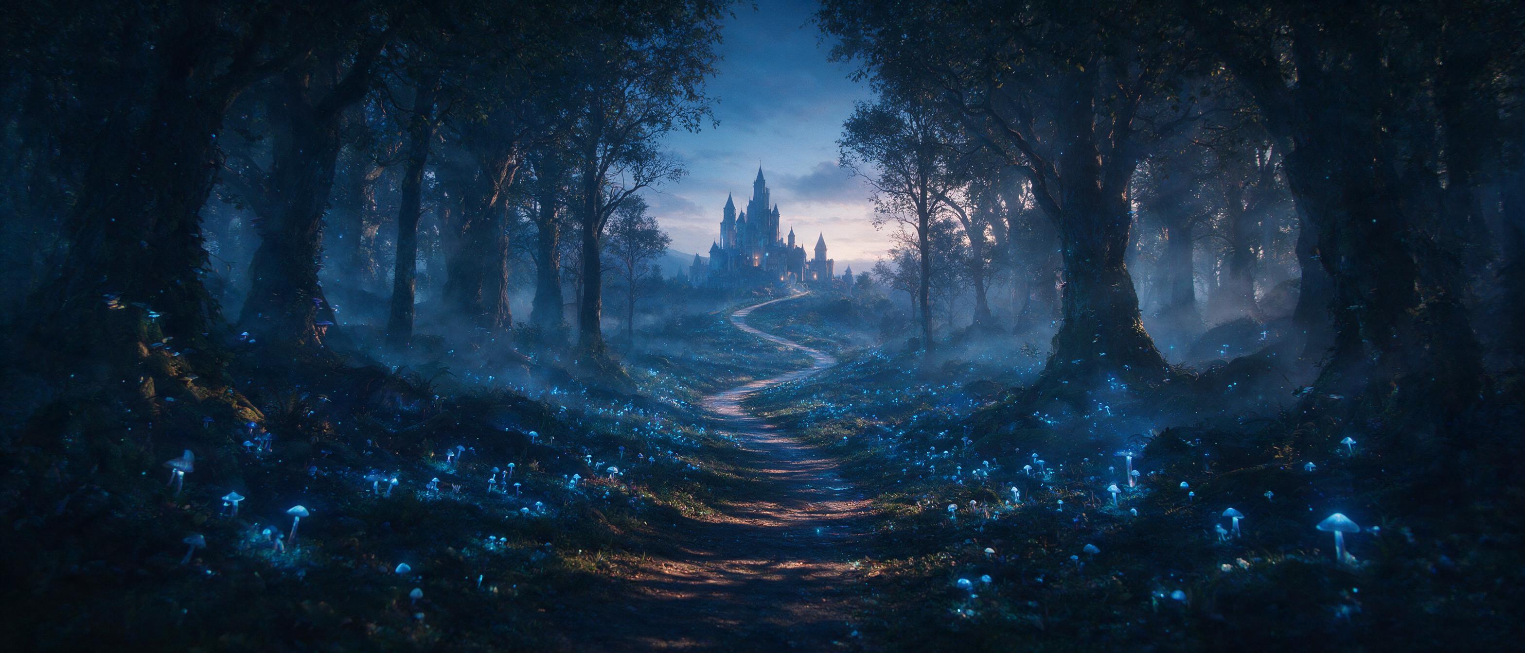 An enchanted forest at twilight, bioluminescent mushrooms casting soft blue light, a winding path leading to a distant castle, mist weaving through ancient trees, long shadows, ethereal glow, cinematic composition